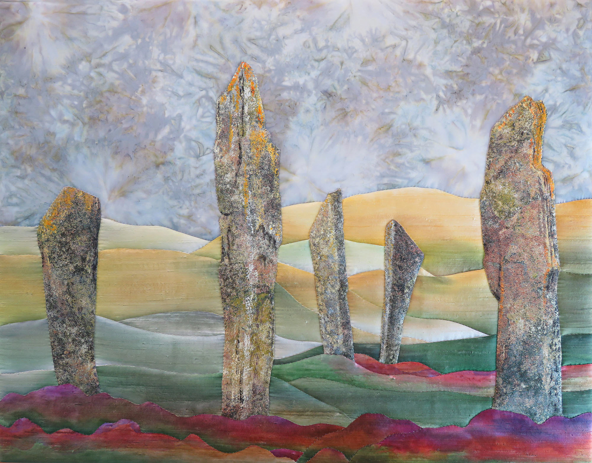 Stone Circle Orkney, painted cottons & batiks, SOLD