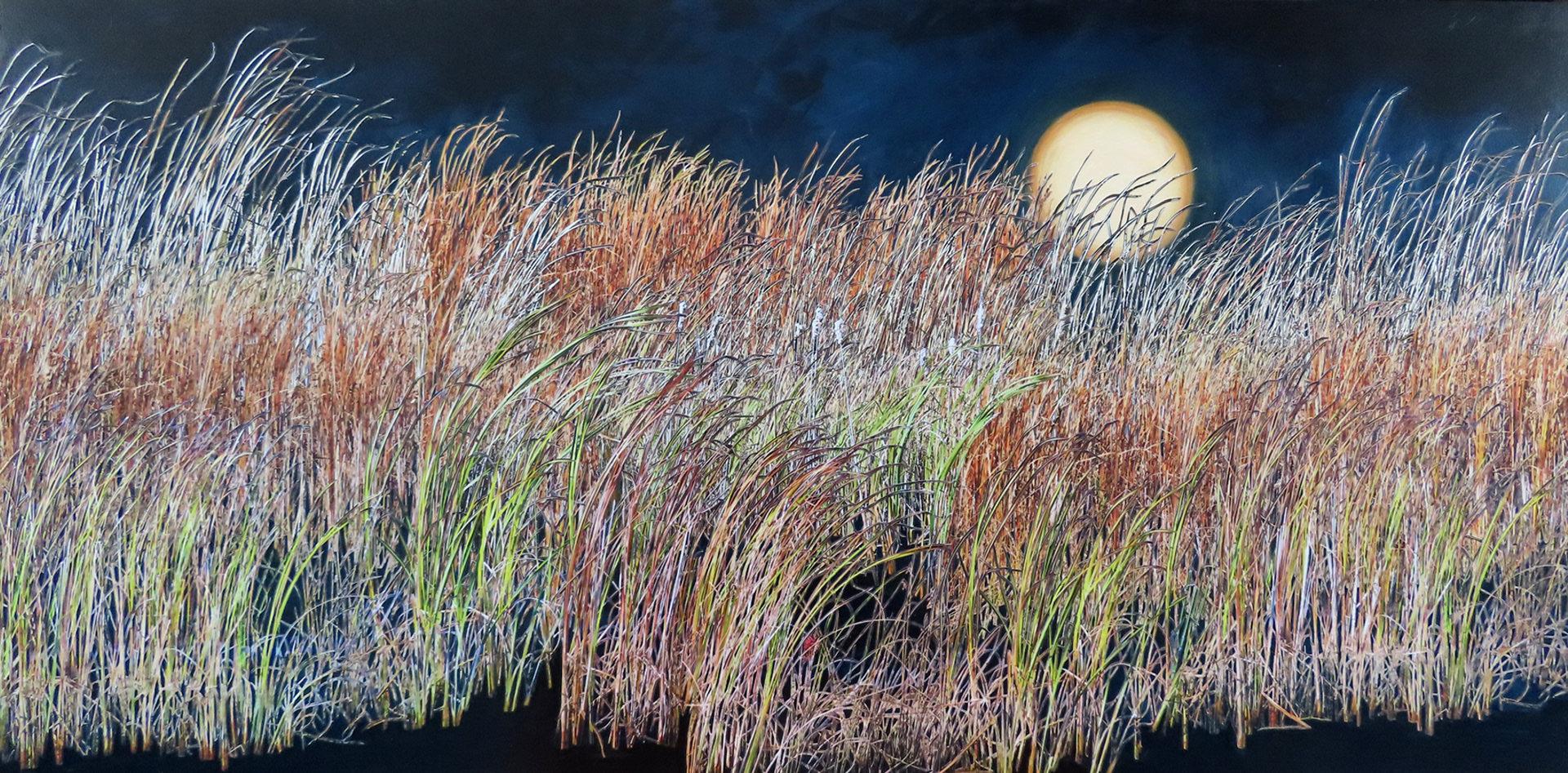 Wind In The Rushes, 2026, 20"x40", hand cut paper photos and acrylic paint