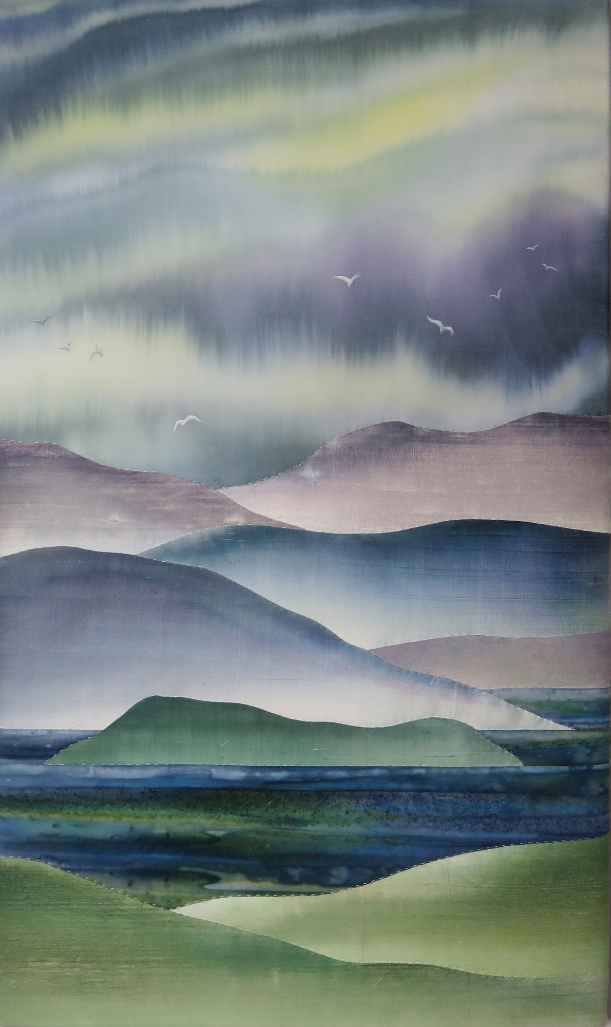 Orkadian Skies 2023, 17" x 29", painted with liquid dyes on wet cottons and silks, hand worked
