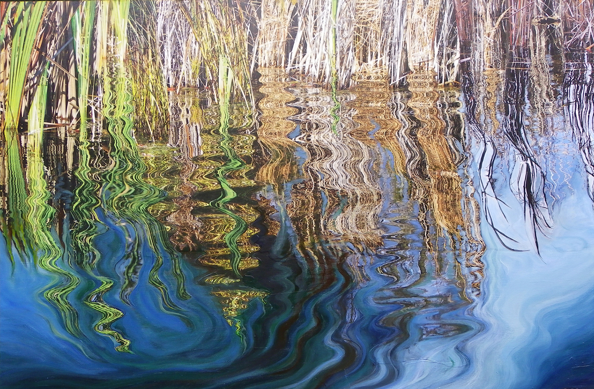 Marsh Reflections, 2023,  24" x36", hand cut paper photos and acrylic paint