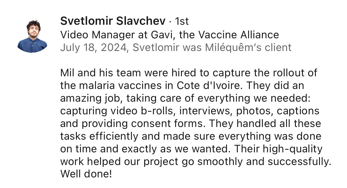 Sveltomir Slavchev, Video Manager at Gavi, testimonial about Miléquêm Diarassouba’s work on the malaria vaccine rollout project in Côte d’Ivoire