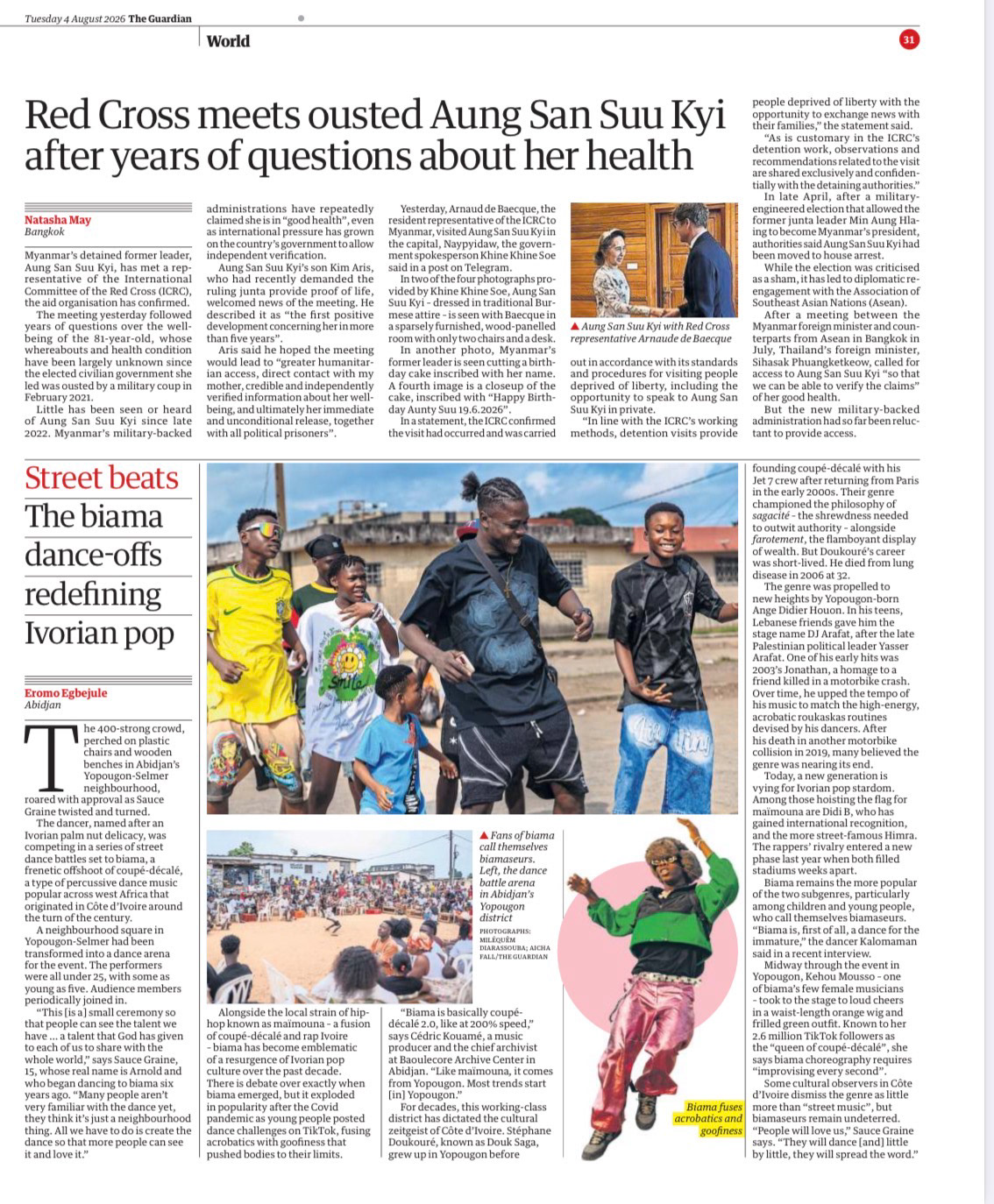 The Guardian print edition featuring photographs by Miléquêm Diarassouba documenting Biama dance culture in Yopougon, Abidjan, Côte d’Ivoire, August 4, 2026.