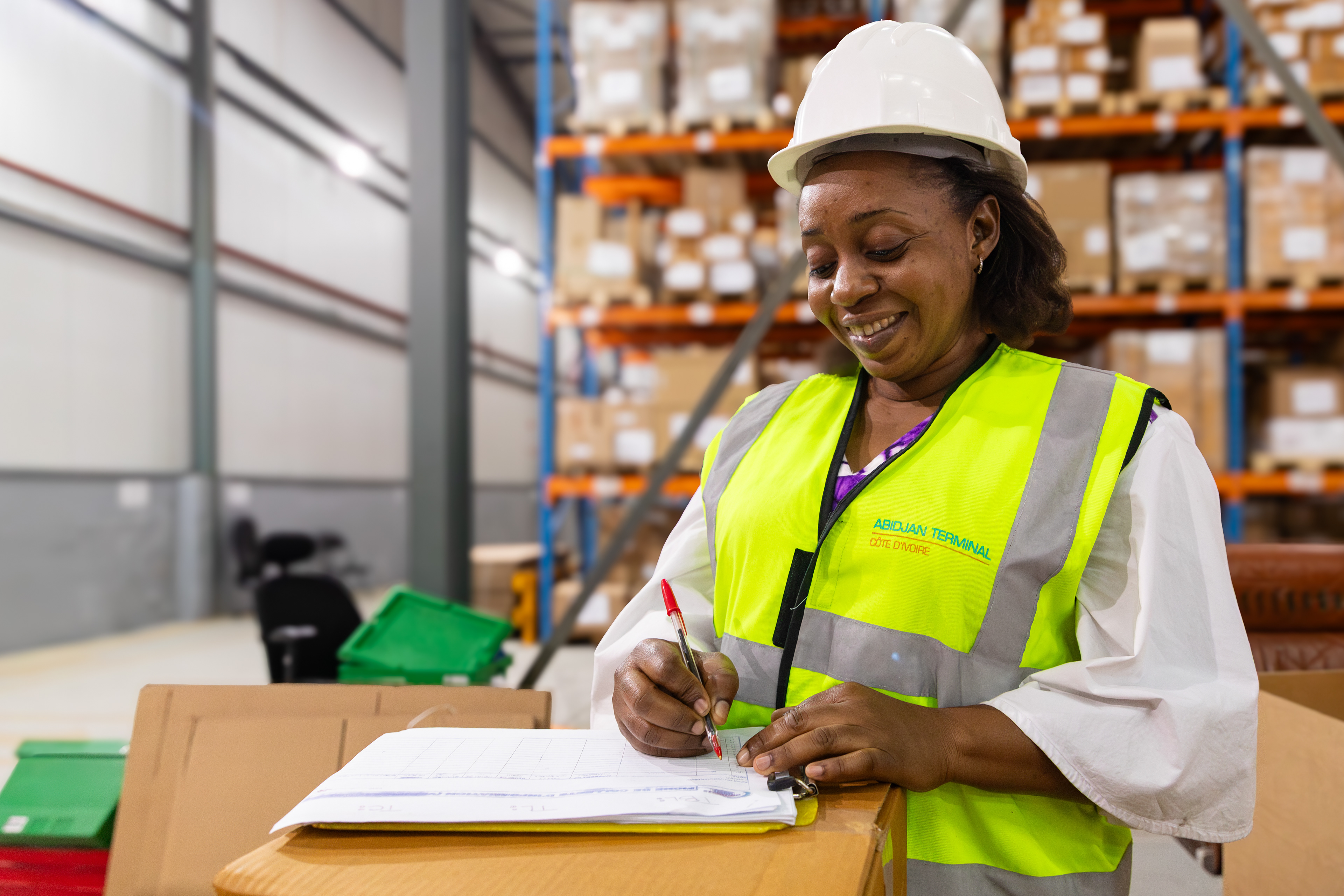 On 8 September 2025 in Abidjan, Fofana Mariam, a verifier at the Nouvelle Pharmacie de la Santé Publique (NPSP), is pictured at the organization’s central warehouse. Her role is essential in checking and validating medicines and health commodities before they are dispatched to facilities, ensuring quality and accuracy in the national supply chain.