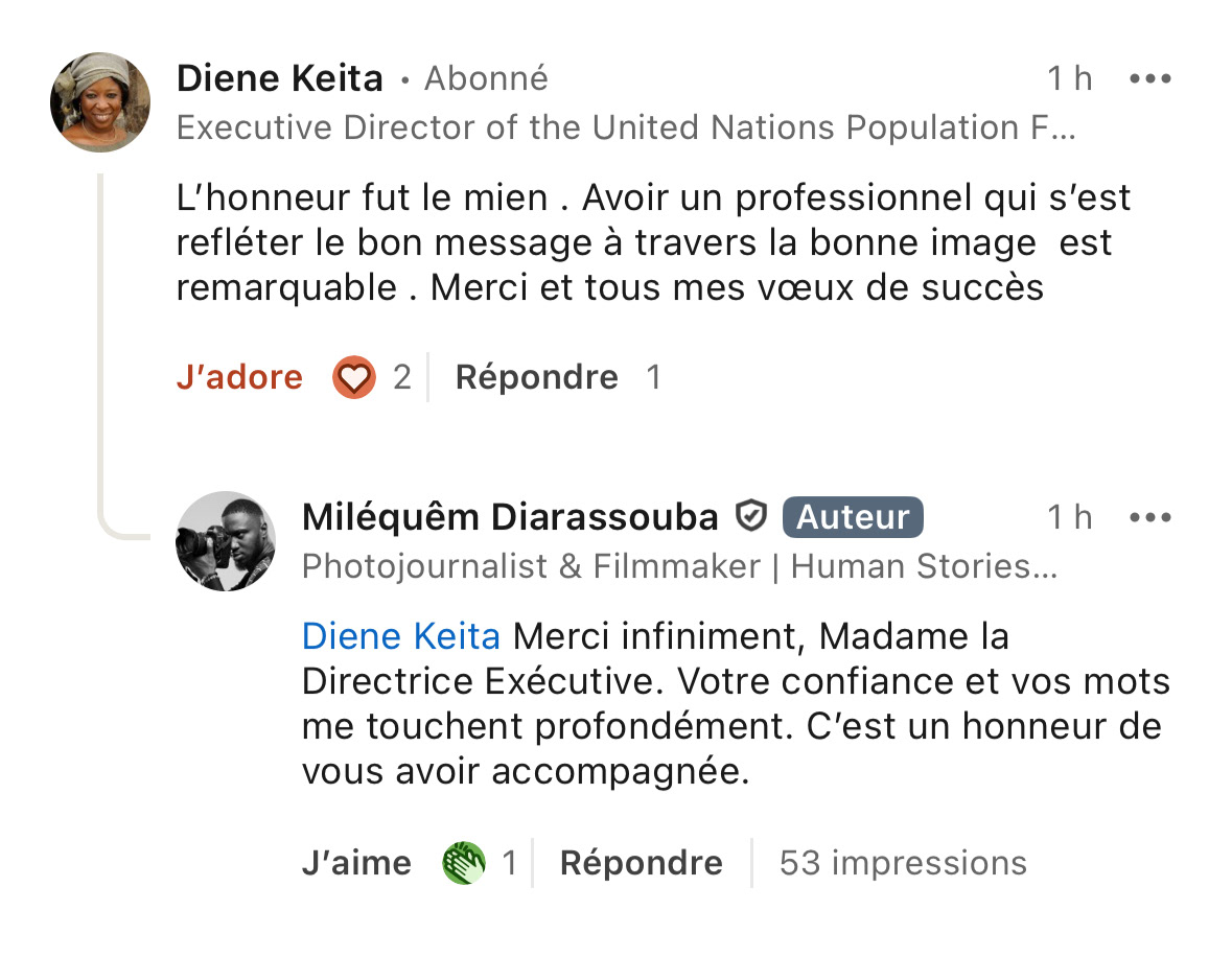 LinkedIn comment by Dr. Diene Keita, Executive Director of UNFPA, praising photojournalist Miléquêm Diarassouba for capturing her first official visit to Côte d’Ivoire one week after her appointment in September 2024.