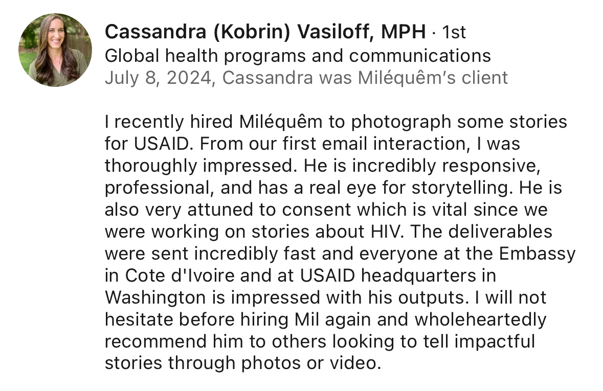 Cassandra Kobrin Vasiloff, Global Health Programs and Communications, testimonial about Miléquêm Diarassouba’s photography work for USAID projects