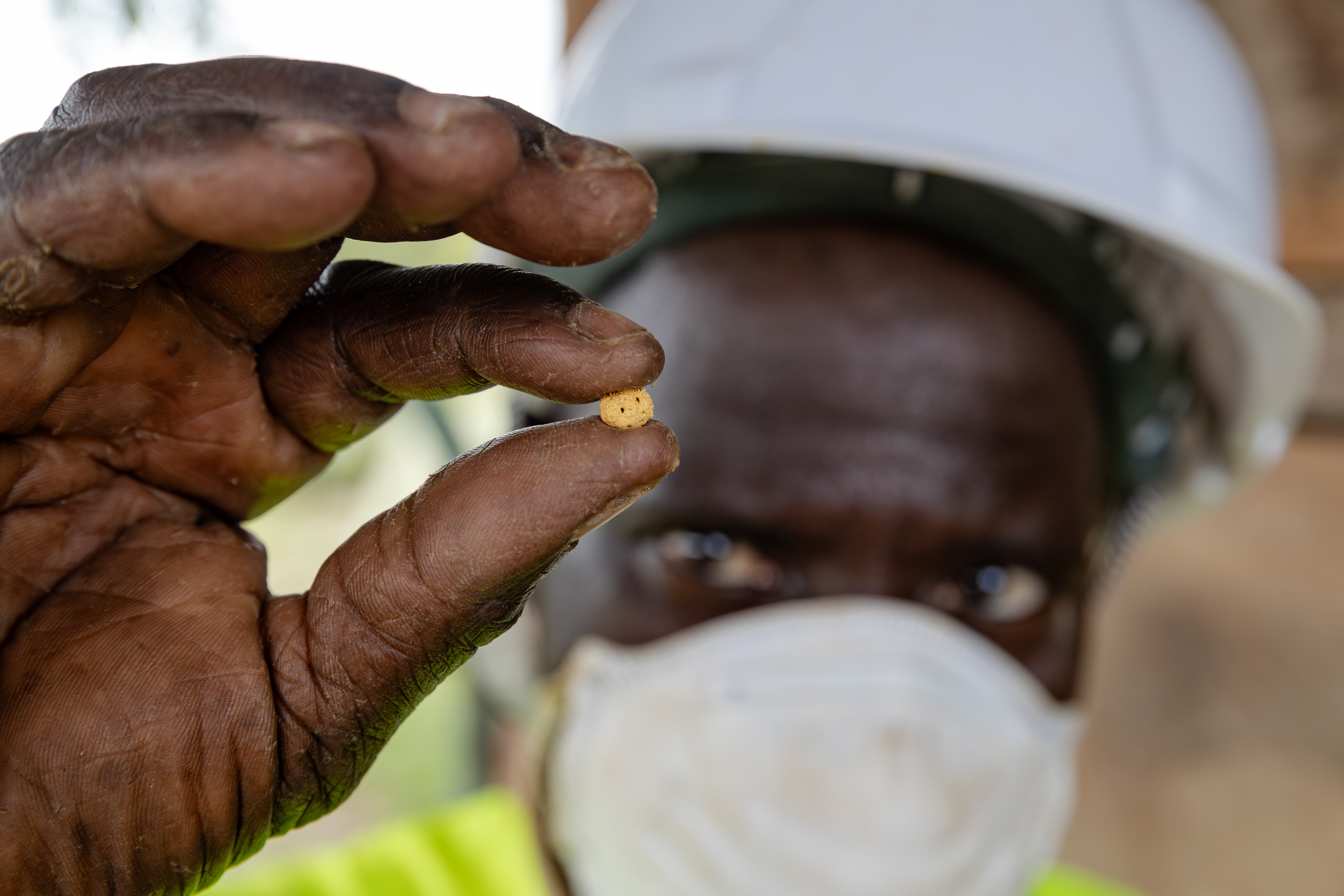 A worker displays a gold concentrate pellet before the final refining stage.