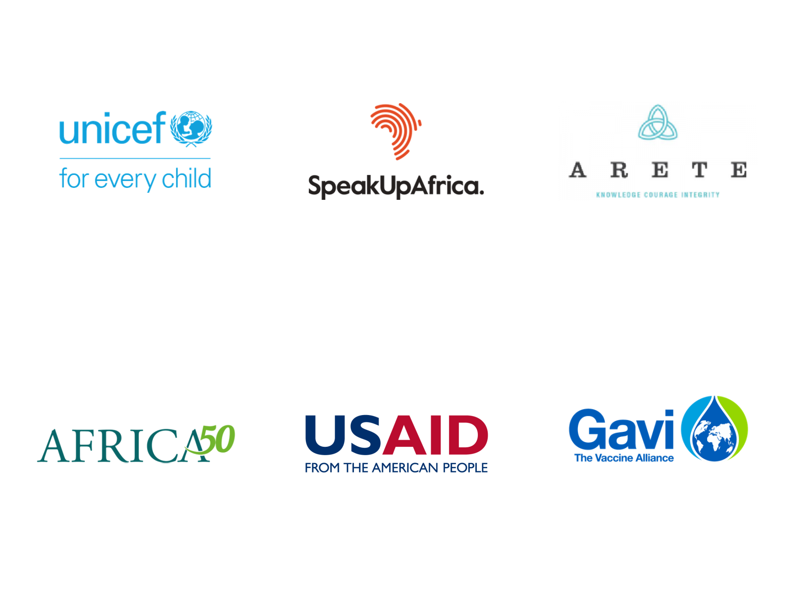 Logos of organizations that Miléquêm Diarassouba has collaborated with: UNICEF, SpeakUpAfrica, ARETE, Africa50, USAID, and Gavi.