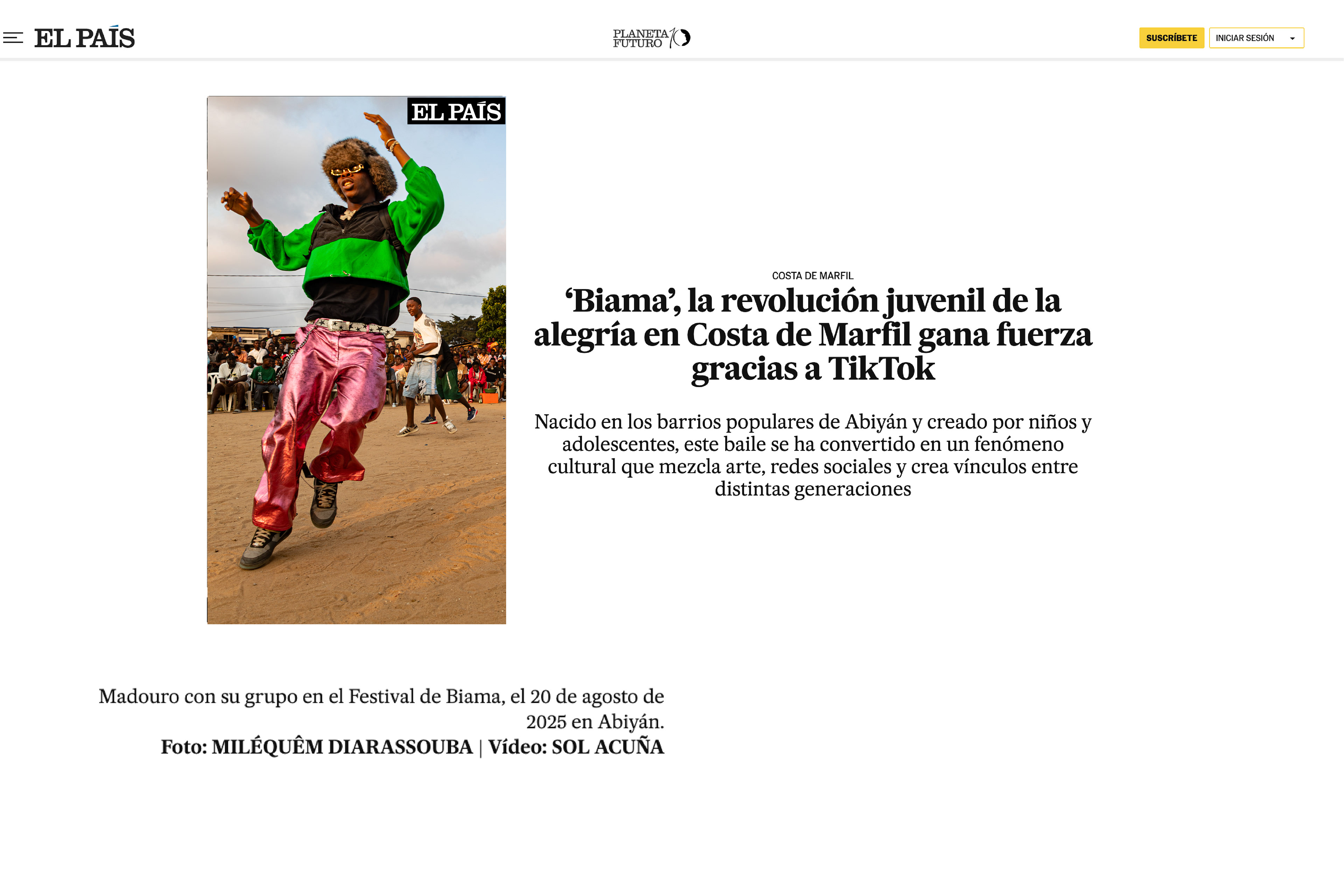 Screenshot of El País article featuring Biama, the youthful dance revolution in Abidjan, Côte d’Ivoire, with photo by Miléquêm Diarassouba.