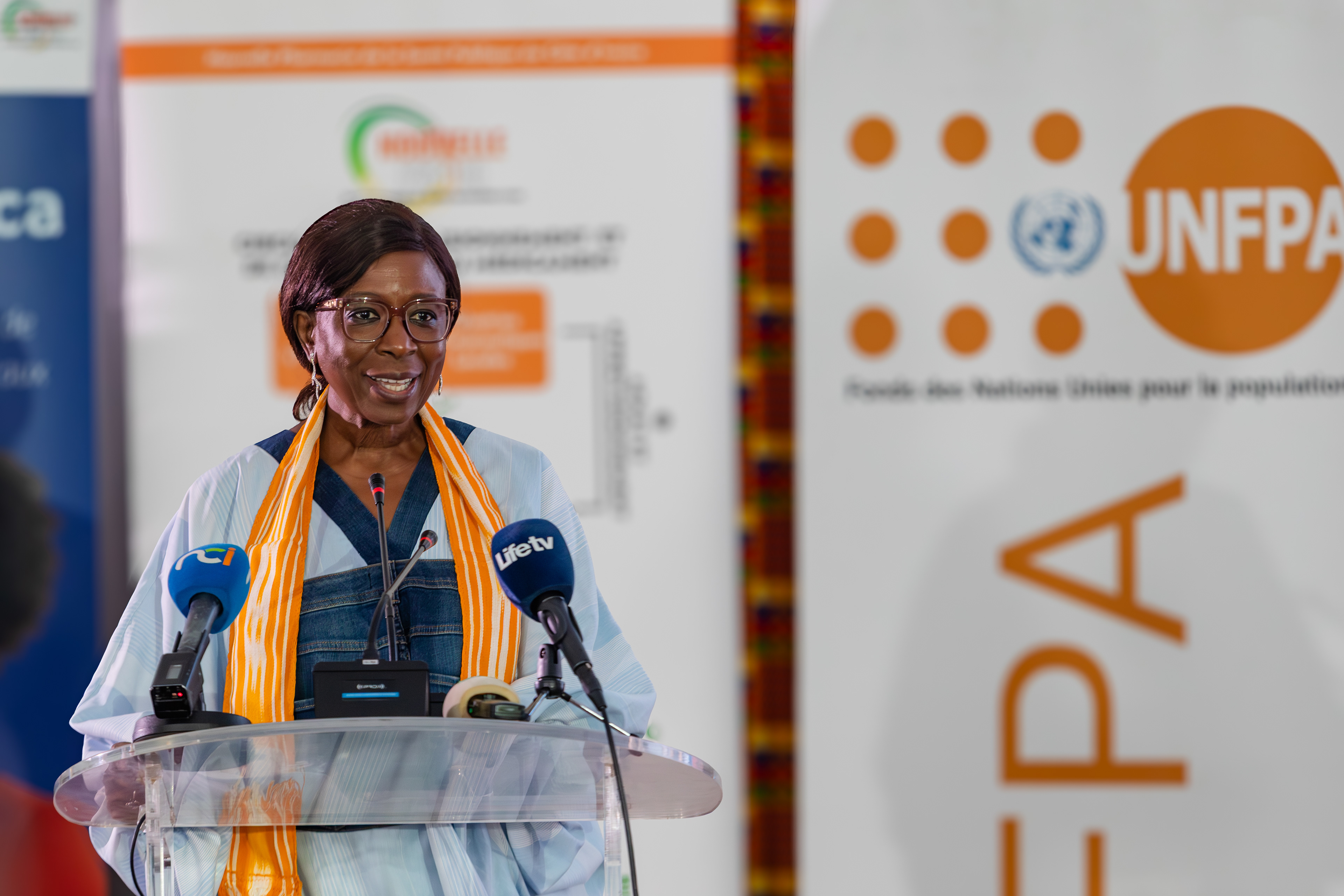 UNFPA Executive Director Dr. Diene Keita speaking at the Nouvelle Pharmacie de la Santé Publique (NPSP) ceremony in Abidjan on 9 September 2025. She announced a donation of essential medicines to strengthen the country’s health system. Photo by Miléquêm Diarassouba, photojournalist West Africa.