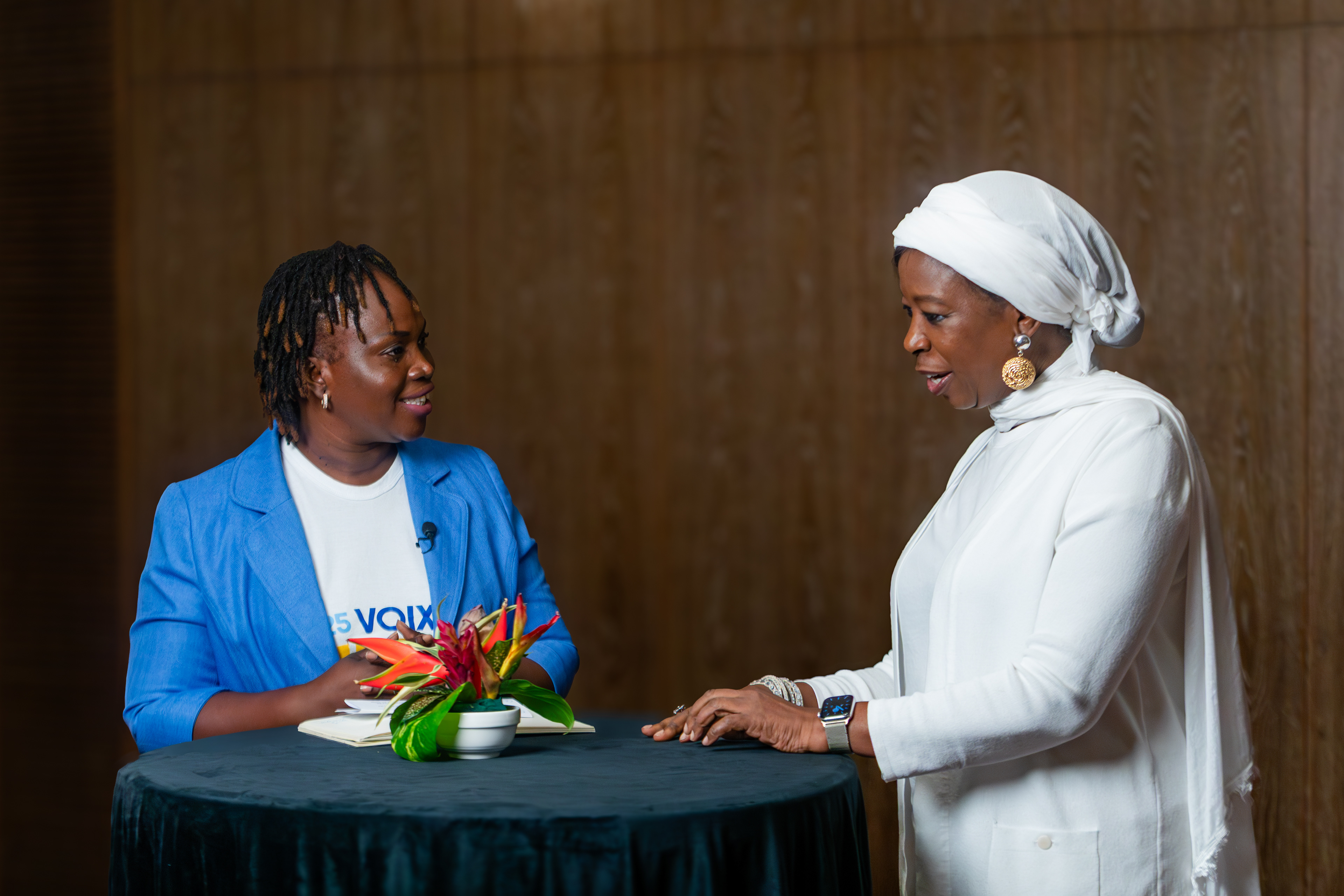 UNFPA Executive Director, Dr. Diene Keita, poses with Aïcha Gladys Traoré, head of the NGO Pro-Kids, during her mission in Abidjan on 11 September 2025. As a young leader committed to supporting adolescent mothers, Ms. Traoré represents the dynamism and impact of youth engagement in advancing gender equality and social change in Côte d’Ivoire.