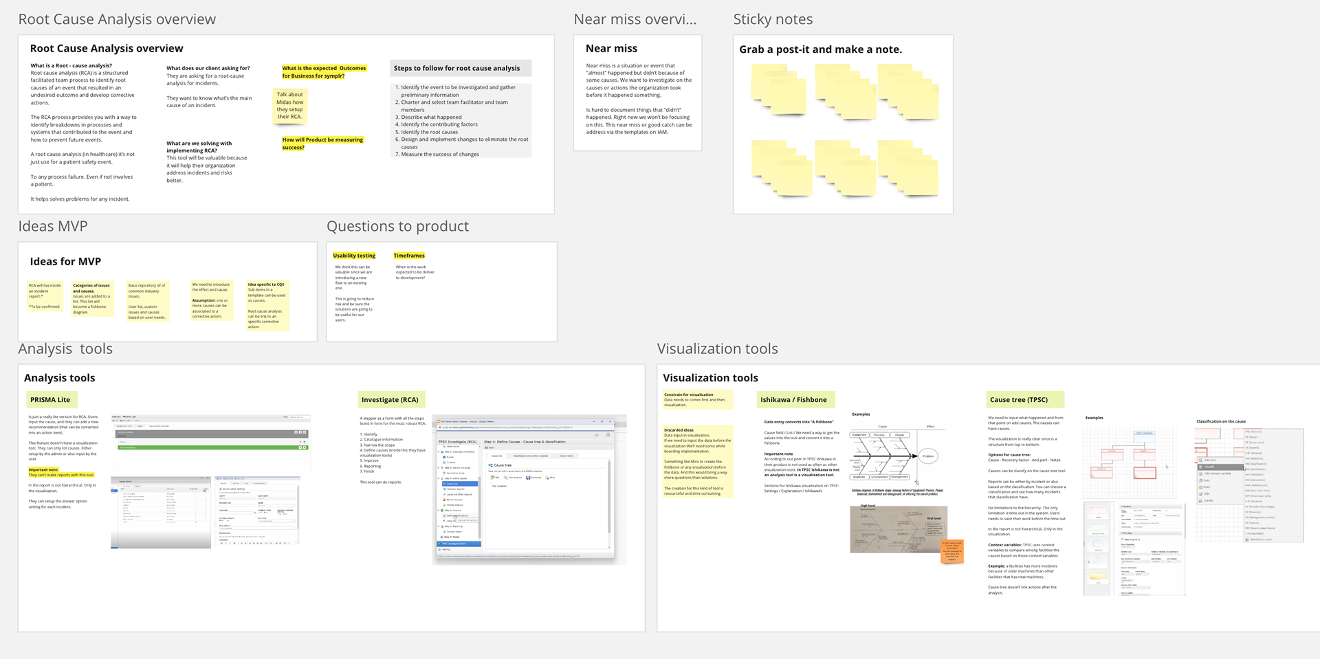 Images of boards with information about Root Cause Analysis