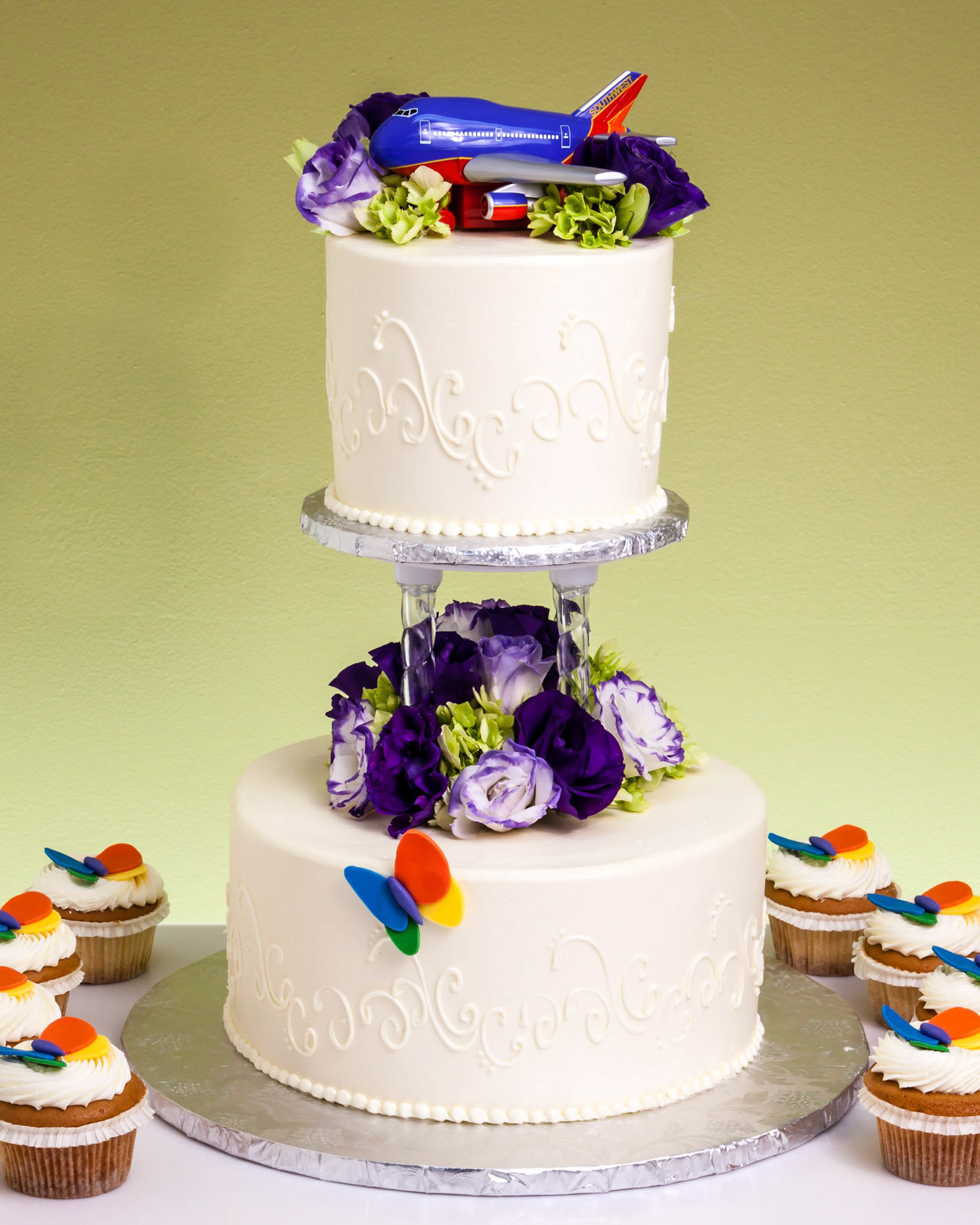Two Tier Cake With Flowers & Cupcakes