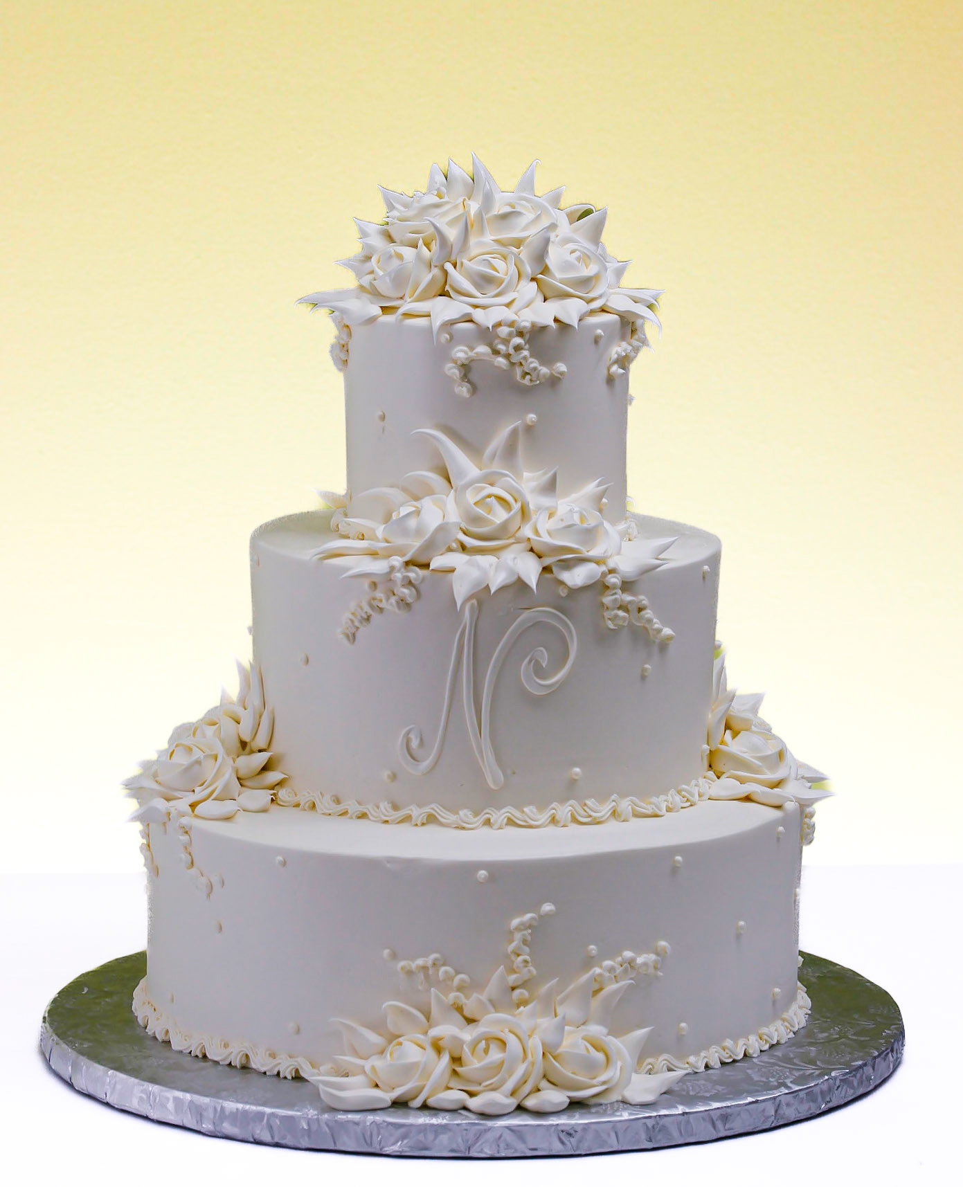 Monogram Roses & Lilies Wedding Cake