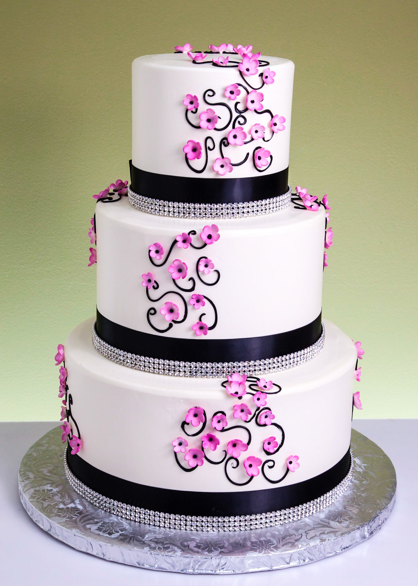 Pink Blossoms & Diamonds Wedding Cake