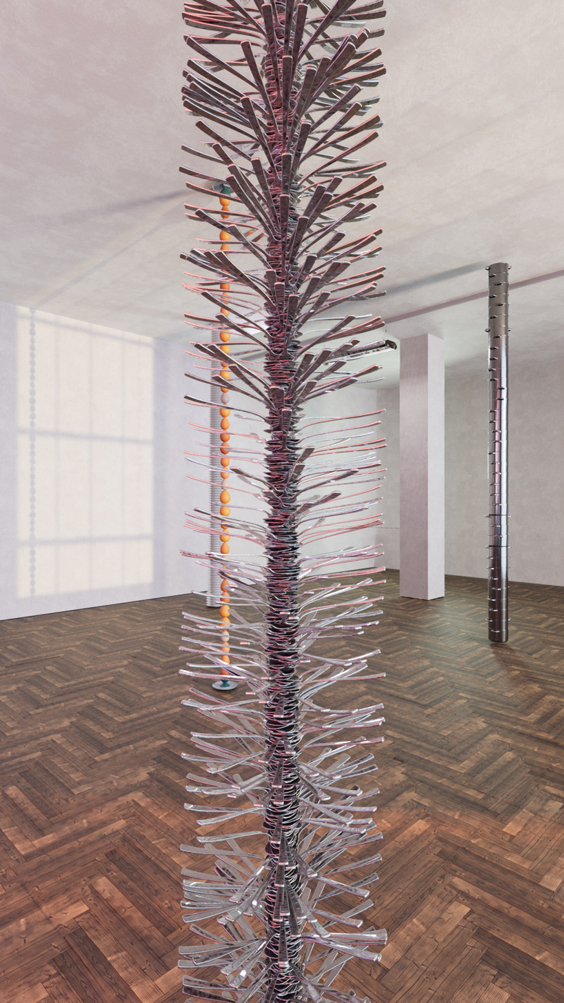 1335 teaspoons stacked to form a facetted steel pillar