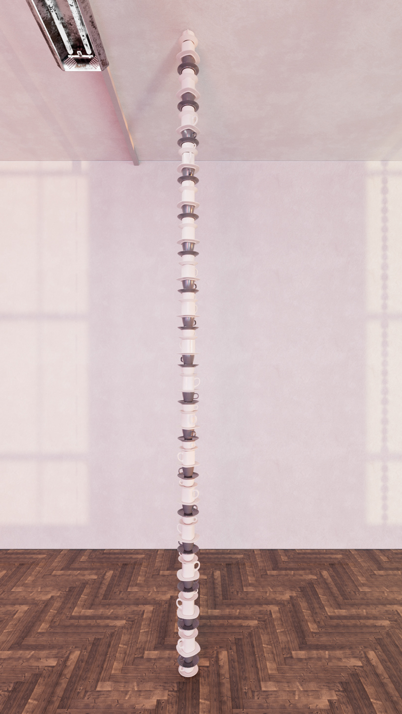 51 cups and 51 saucers in sequence build the column of the most popular breakfast drink in Italy