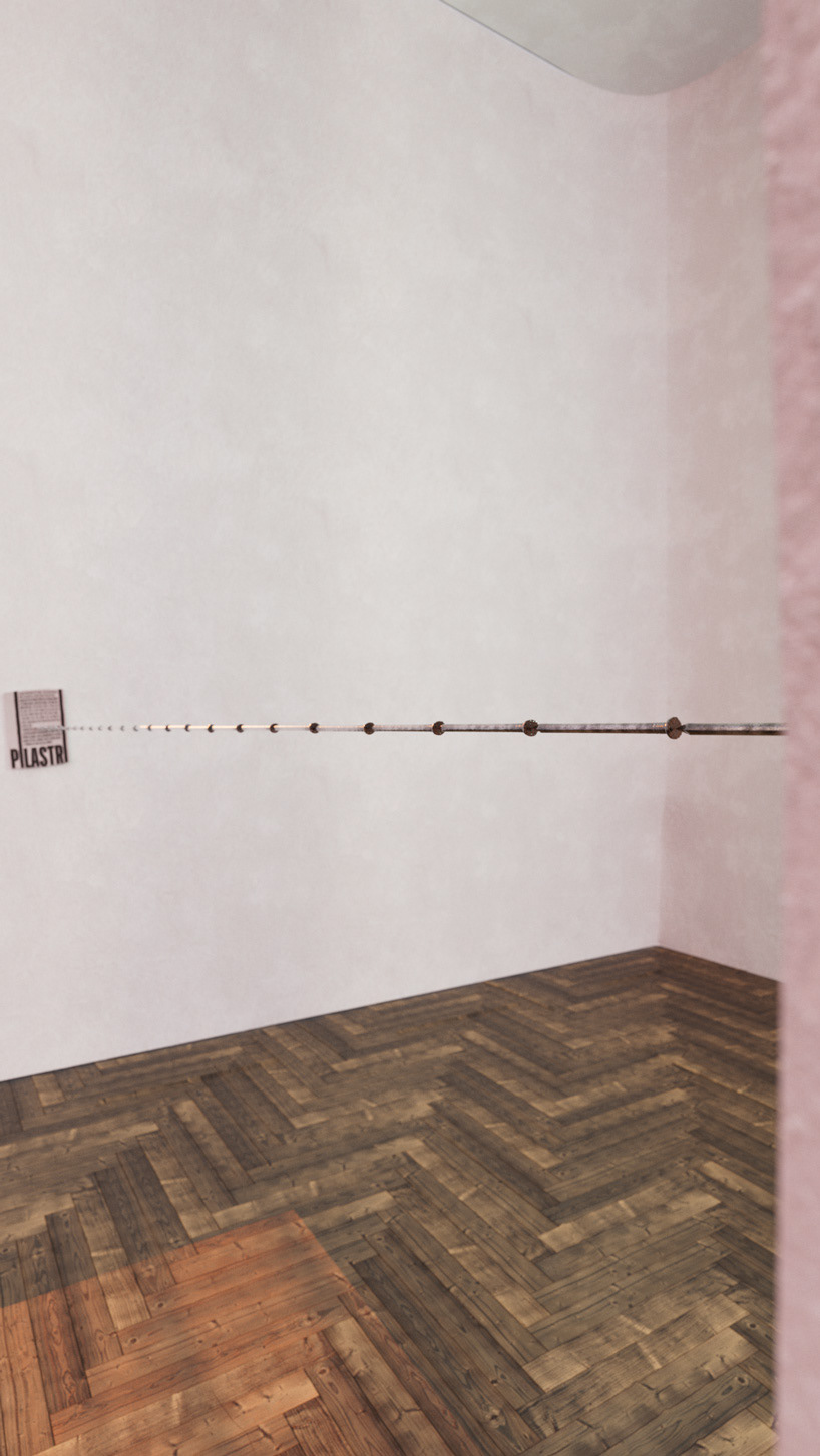 The exhibition poster is nailed to the wall with a sequence of nails pressed into each other.
