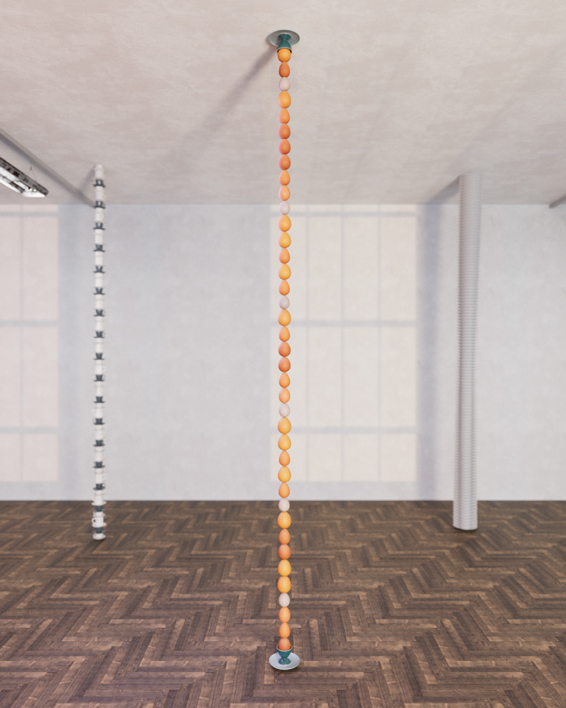 Column of 39 eggs stacked on top of each other until they reach a height of 4 metres. At both ends saucer and egg holder. A healthy diet is balanced.