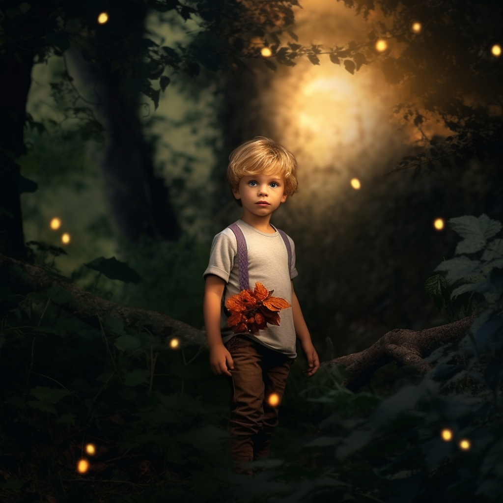 Inspiración en una película o libro de fantasía, un niño en el bisque, con luces que dan la sensación de bosque encantado, se puso particular atención a lo cálido de la luz para evitar la sensación de miedo