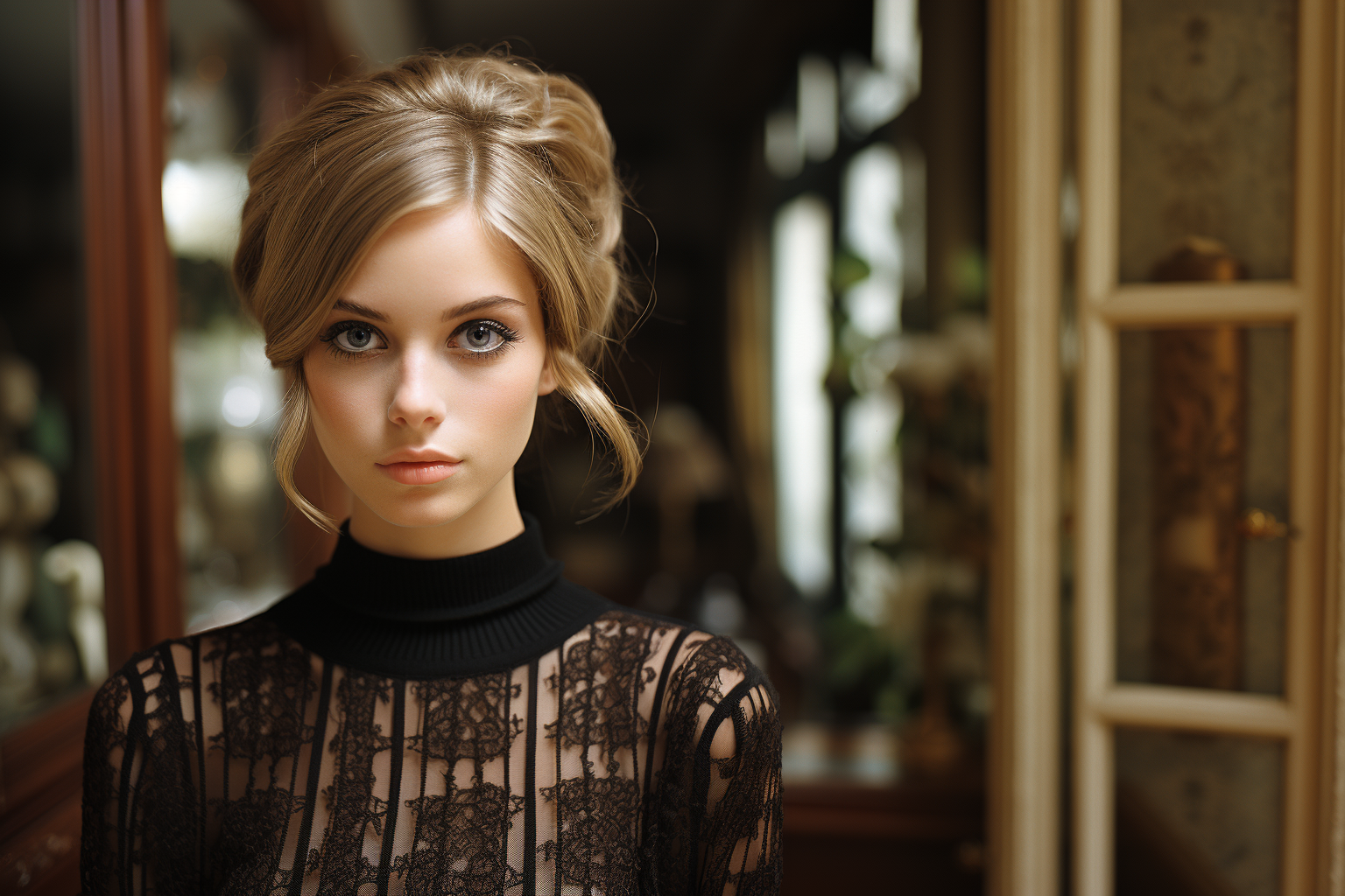 Mujer creada con Twiggy como inspiración (en el estilo), se buscaba la luz natural como iluminación principal, interior de una casa, alto contraste, retrato y composición