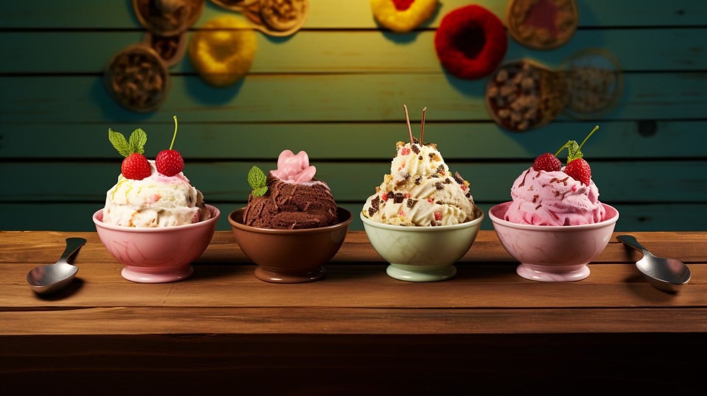 En esta imagen se esperaba representar un estilo rústico para mostrar varios helados, con un fondo cálido de madera, paleta de colores amplia pero pastel