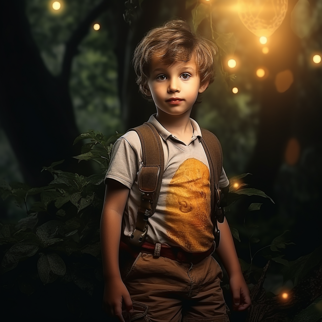 Inspiración en una película o libro de fantasía, un niño en el bisque, con luces que dan la sensación de bosque encantado, se puso particular atención a lo cálido de la luz para evitar la sensación de miedo