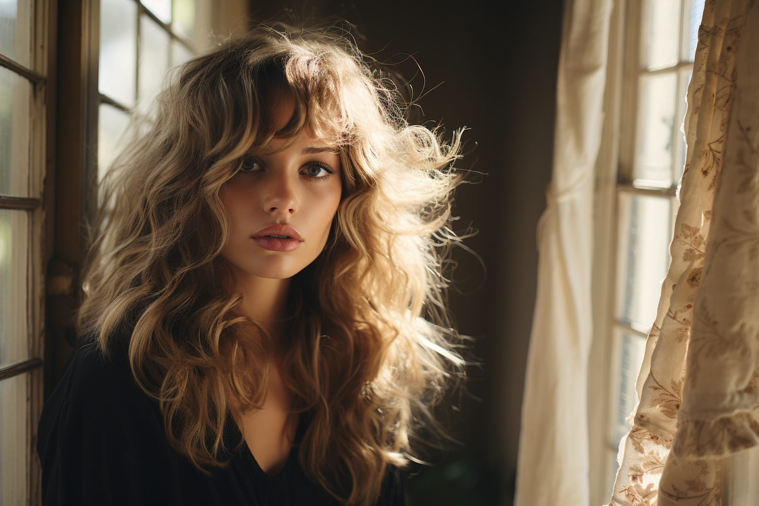 Mujer creada con Brigitte Bardeau como inspiración (en el estilo), se buscaba la luz natural como iluminación principal, interior de una casa, alto contraste, retrato y composición.