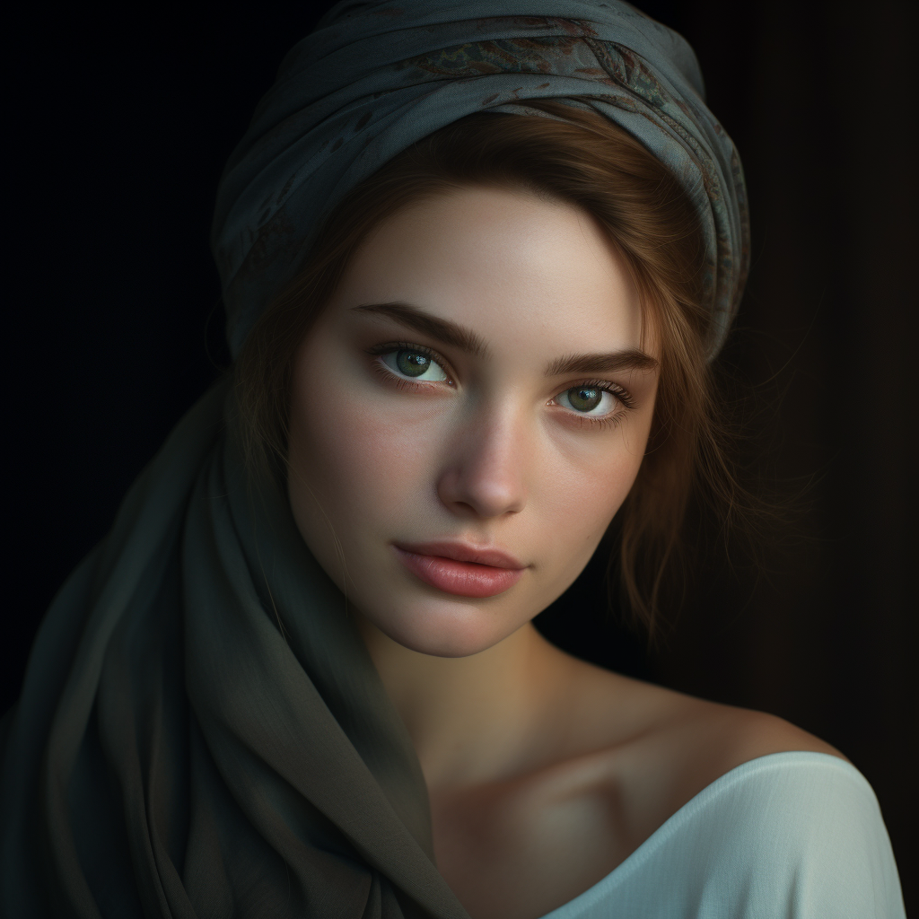 Imagen creada e inspirada en Steve McCurry, se buscaba realismo, paleta de colores neutros, luz natural, alto contraste, retrato 