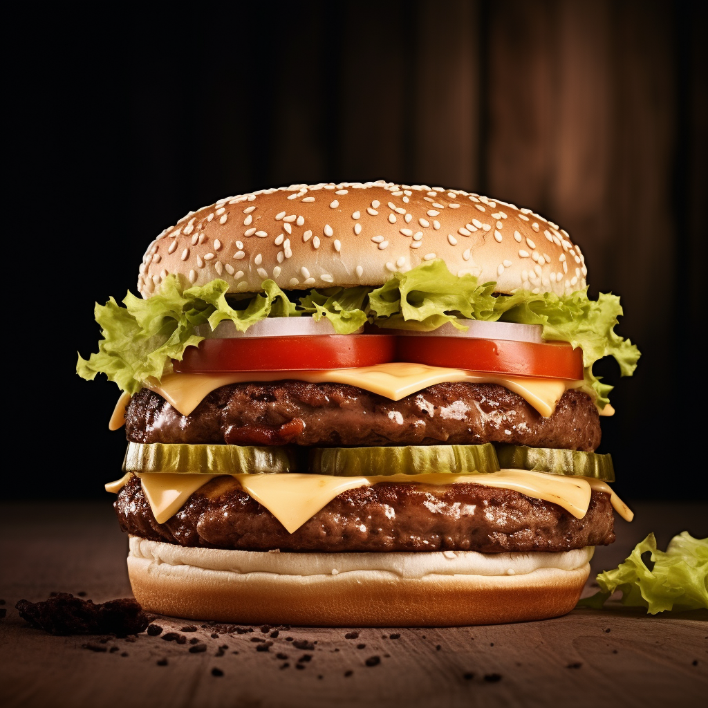Para esta hamburguesa, la inspiración fue la publicidad de una marca reconocida de este rubro, se buscaba el realismo tanto en los ingredientes como en la iluminación. Estilo publicitario, colores y texturas naturales, muchos detalles