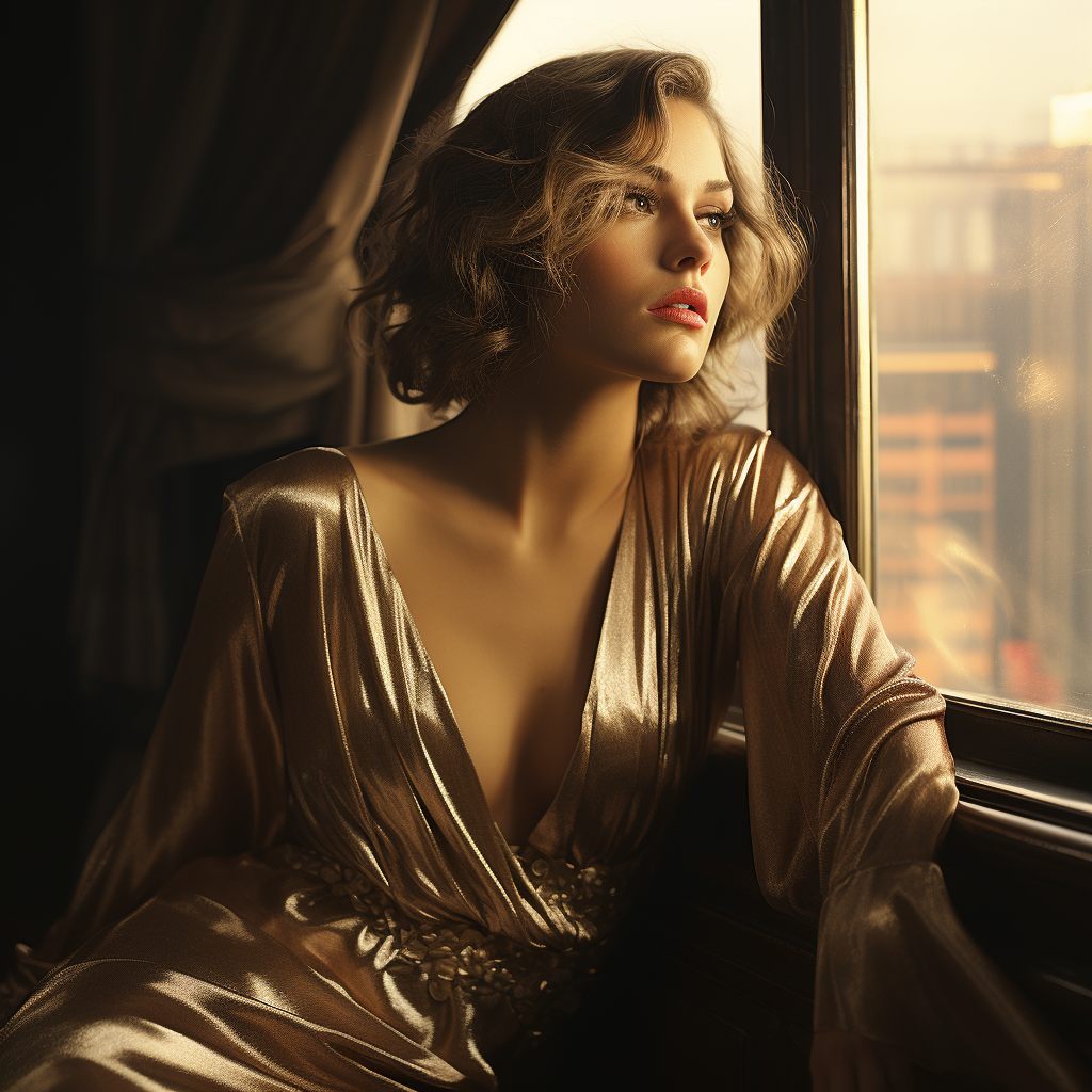 Imagen de mujer inspirada en los años 40, se buscaba transmitir nostalgia, paleta de colores en tonos cálidos principalmente amarillos, luz natural y alto contraste. Realismo, texturas y piel.