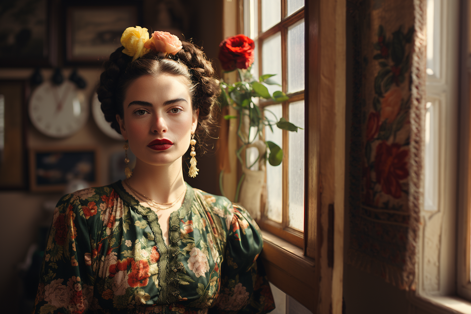 Mujer creada con Frida Kahlo como inspiración (en el estilo), se buscaba la luz natural como iluminación principal, interior de una casa, alto contraste, retrato y composición