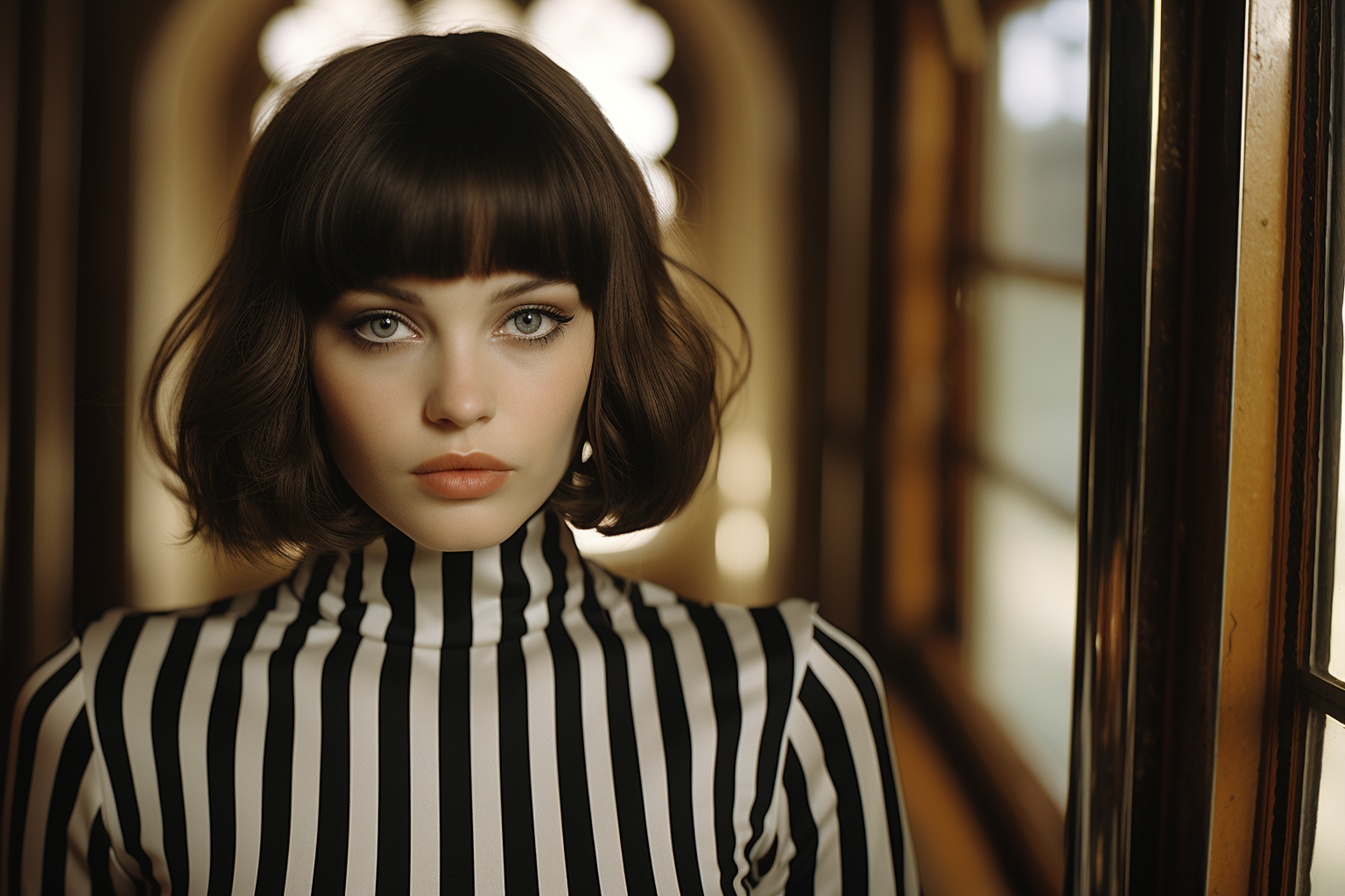 Mujer creada con Mary Quant como inspiración (en el estilo), se buscaba la luz natural como iluminación principal, interior de una casa, alto contraste, retrato y composición