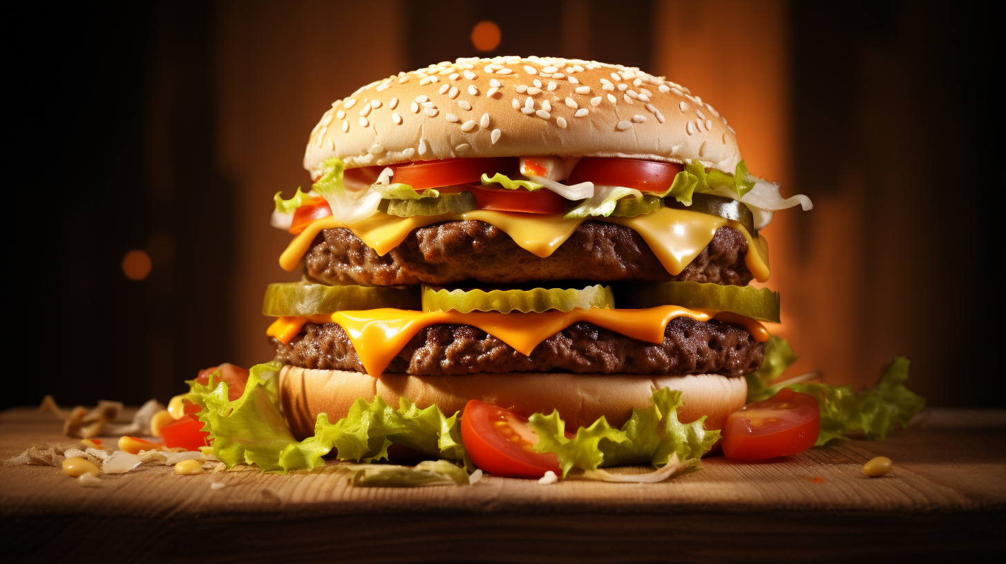 Para esta hamburguesa, la inspiración fue la publicidad de una marca reconocida de este rubro, se buscaba el realismo tanto en los ingredientes como en la iluminación. Estilo publicitario, colores y texturas naturales, muchos detalles