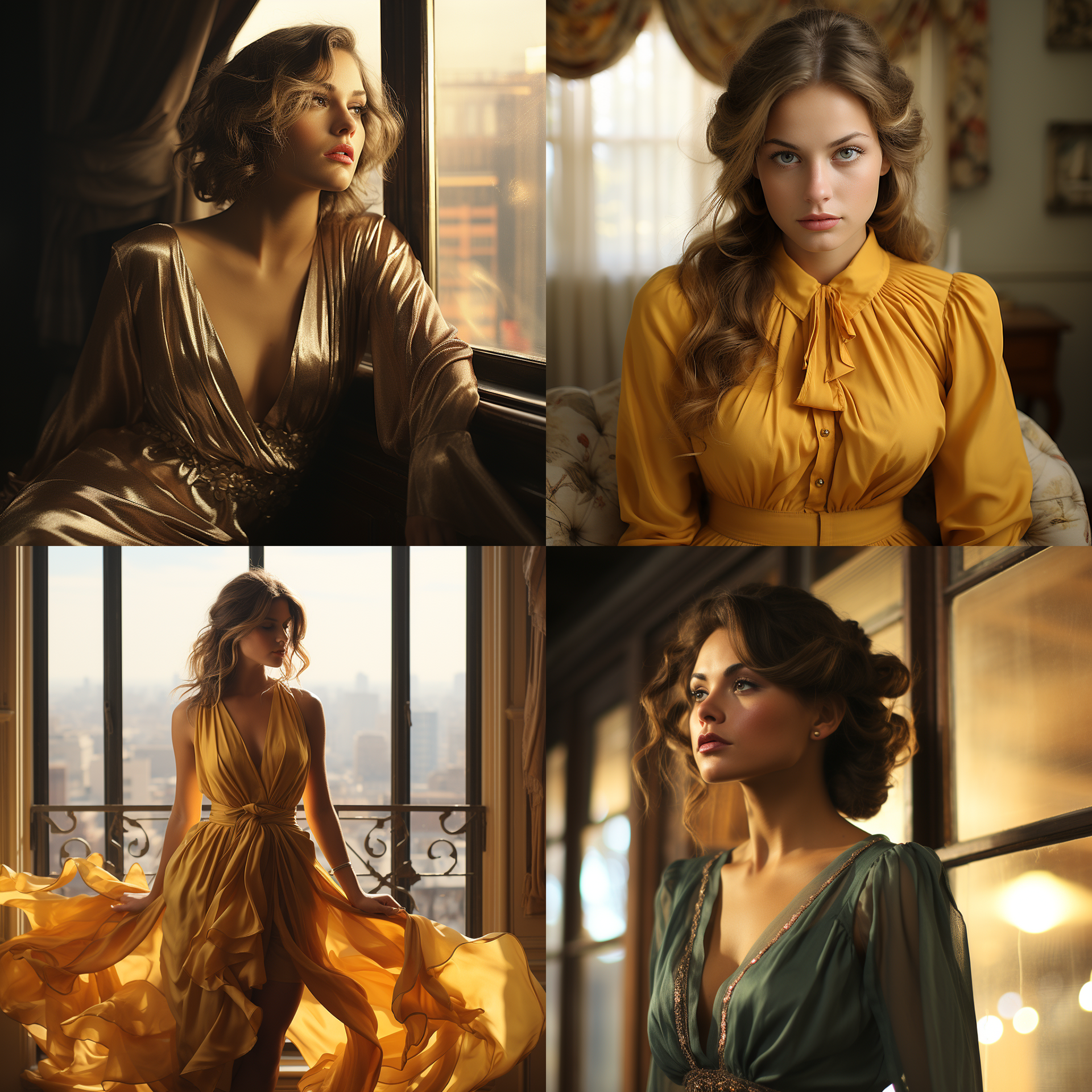 Imágenes de mujeres inspirada en los años 40, se buscaba transmitir nostalgia, paleta de colores en tonos cálidos principalmente amarillos, luz natural y alto contraste. Realismo, texturas y piel