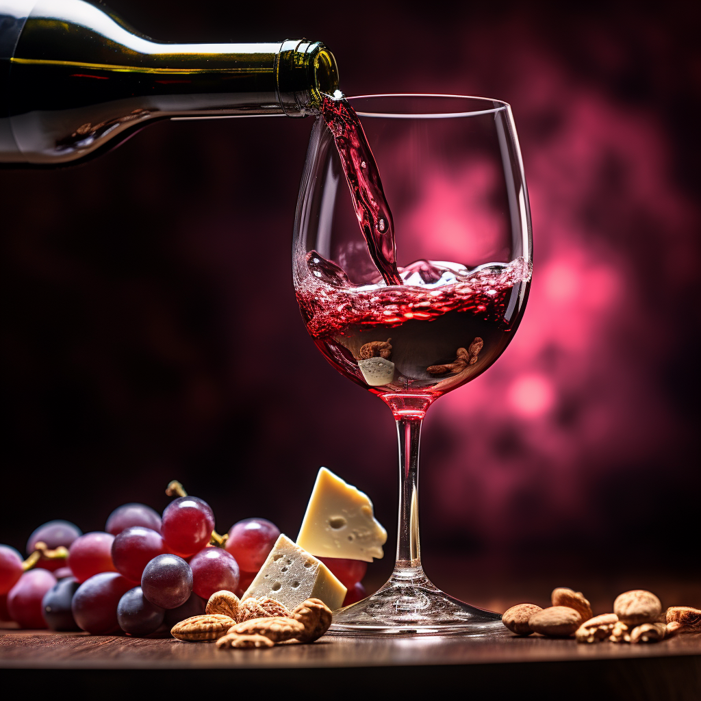 En esta imagen se busca un estilo clásico, luz por detrás del producto, colores lilas y morados, splash de botella y tabla con quesos y frutos, realismo y estilo publicitario