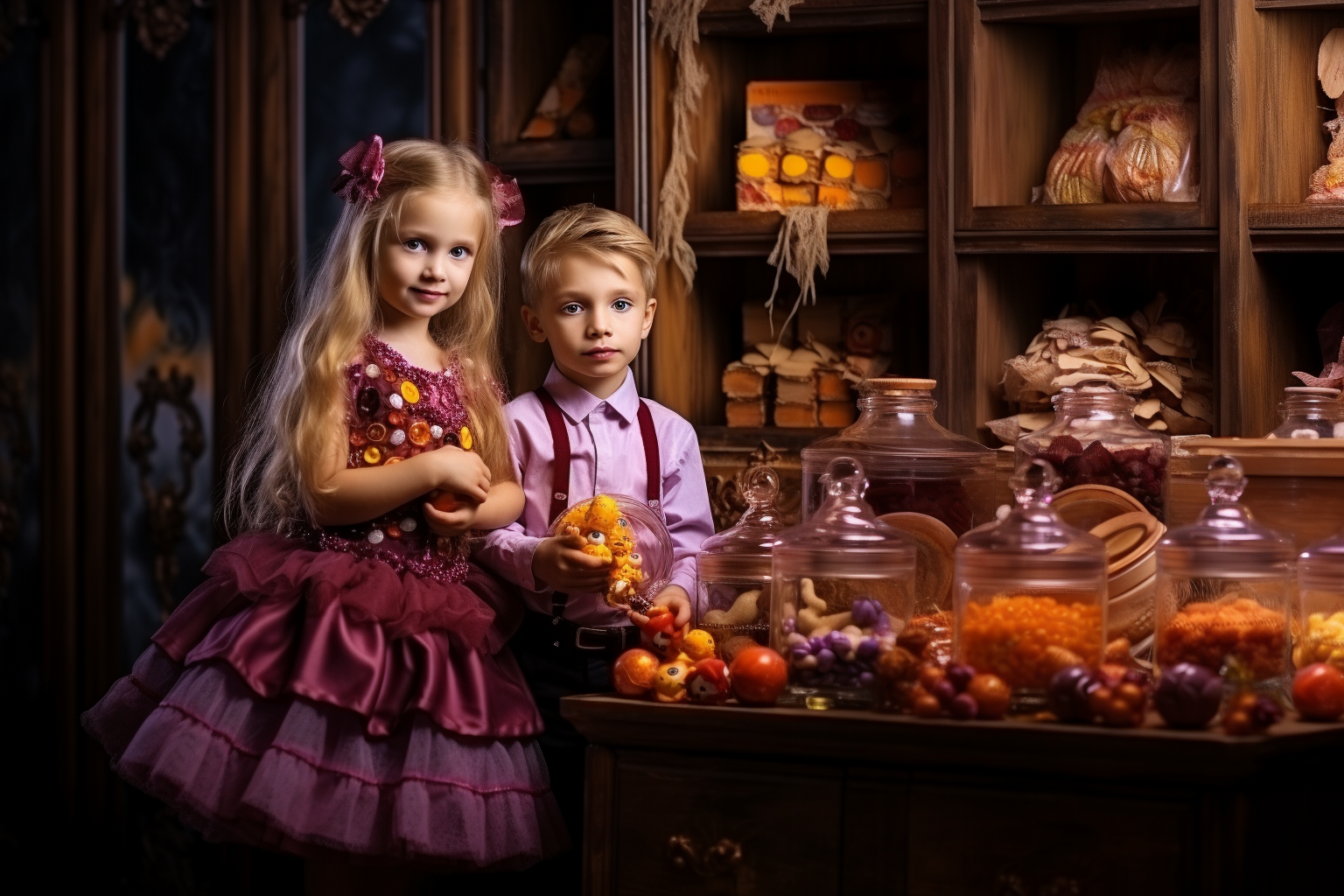 Inspiración en Hansel y Gretel, se buscaba representar una fotografía publicitaria pero diferente, ambientada en época, paleta de colores en tonos lilas y naranjos, luz lateral de ventana, atardecer