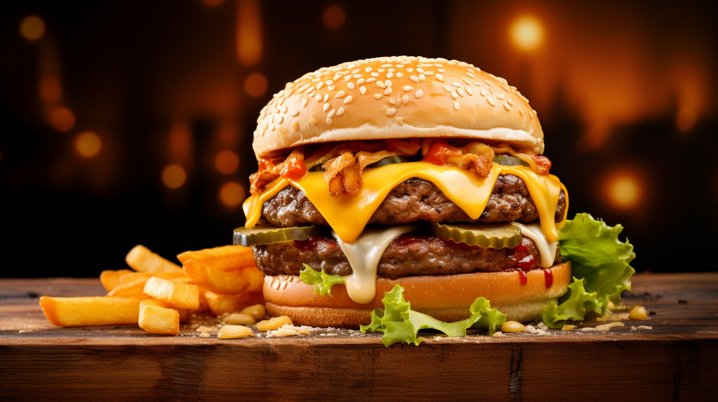 Para esta hamburguesa, la inspiración fue la publicidad de una marca reconocida de este rubro, se buscaba el realismo tanto en los ingredientes como en la iluminación. Estilo publicitario, colores y texturas naturales, muchos detalles