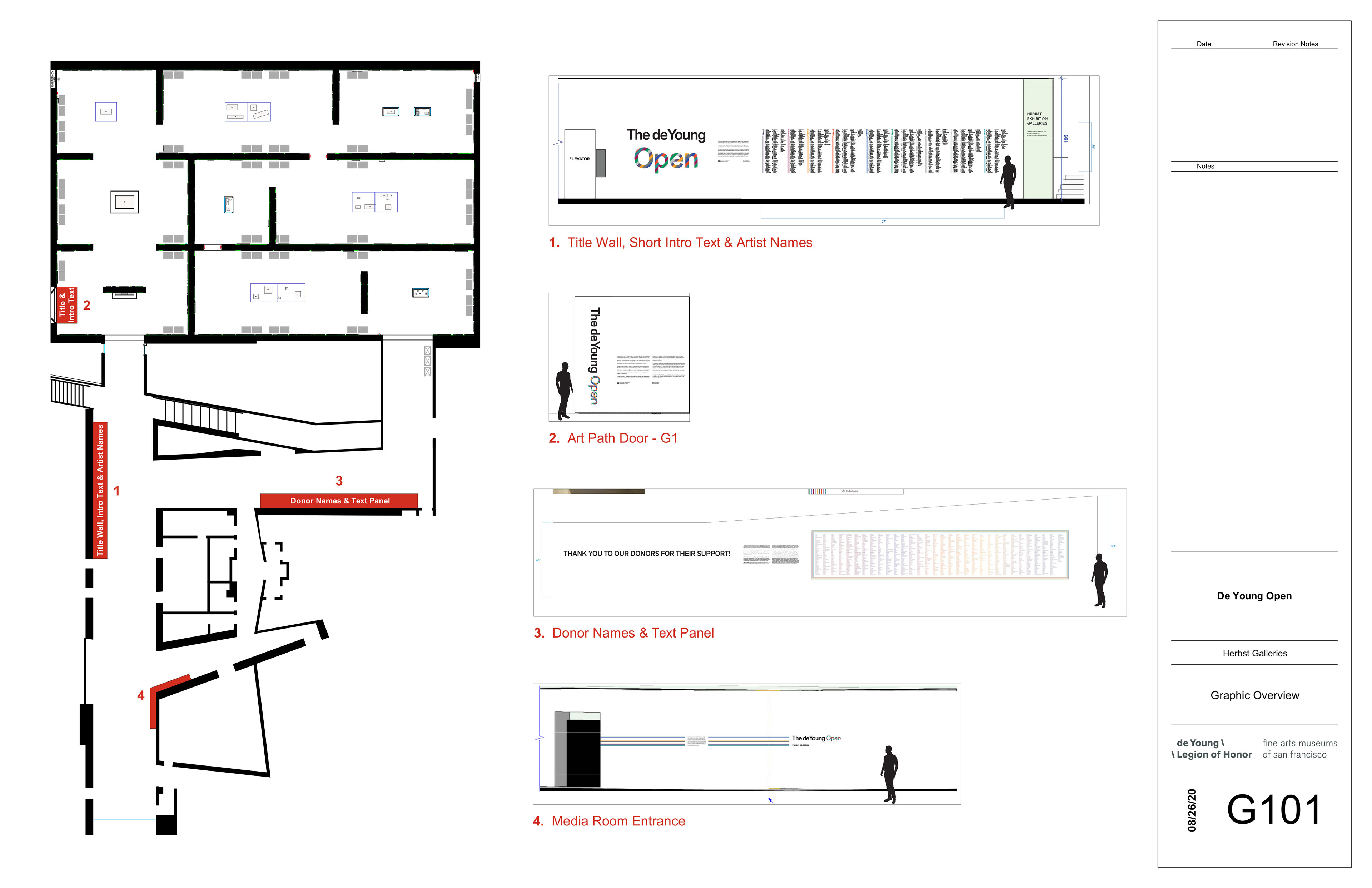 Exhibition graphics plan coordinating title walls, interpretive text, and donor recognition throughout the exhibition.