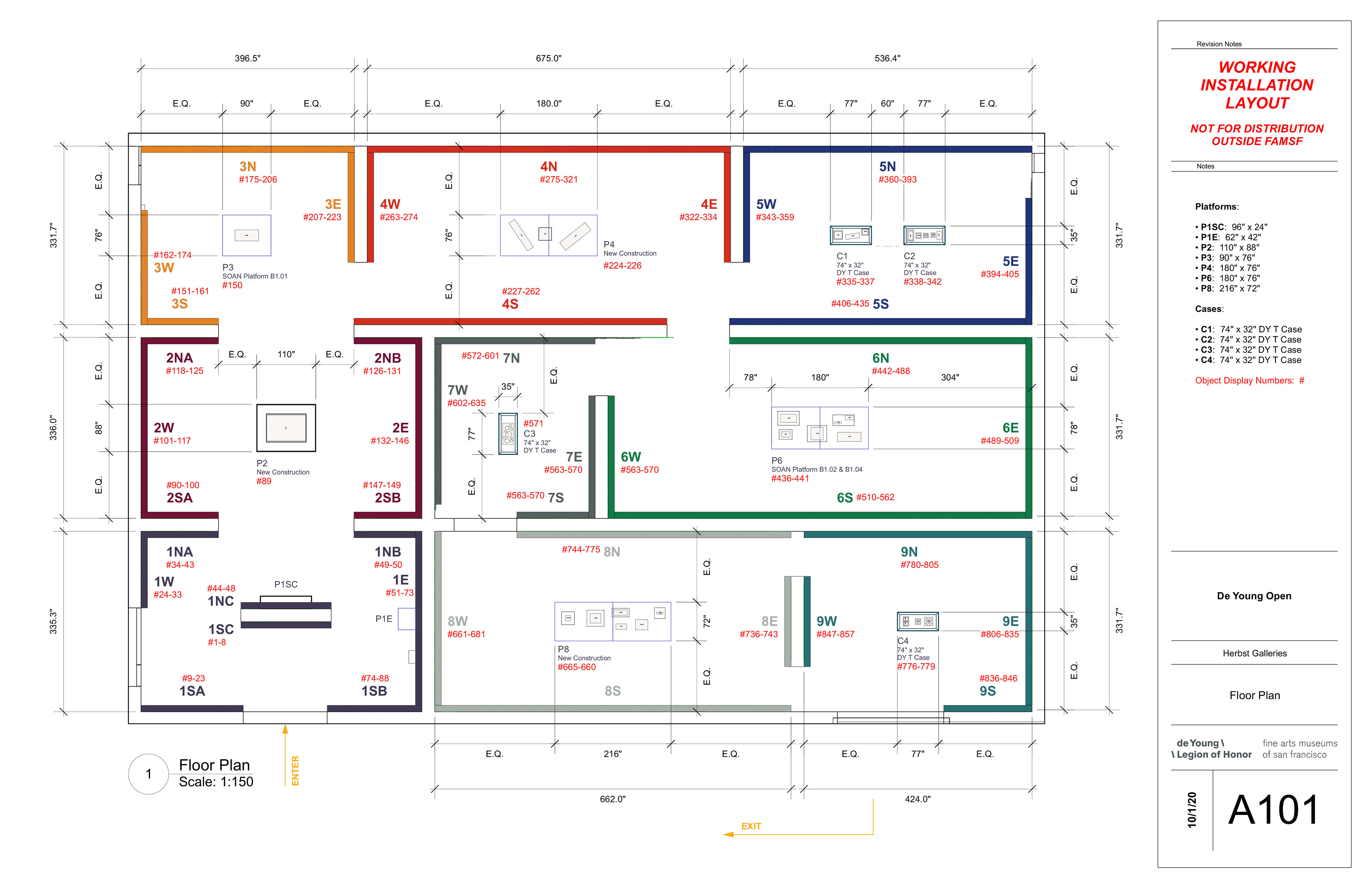 Working installation plan coordinating gallery sections, artwork numbering, platforms, and display cases throughout the exhibition.