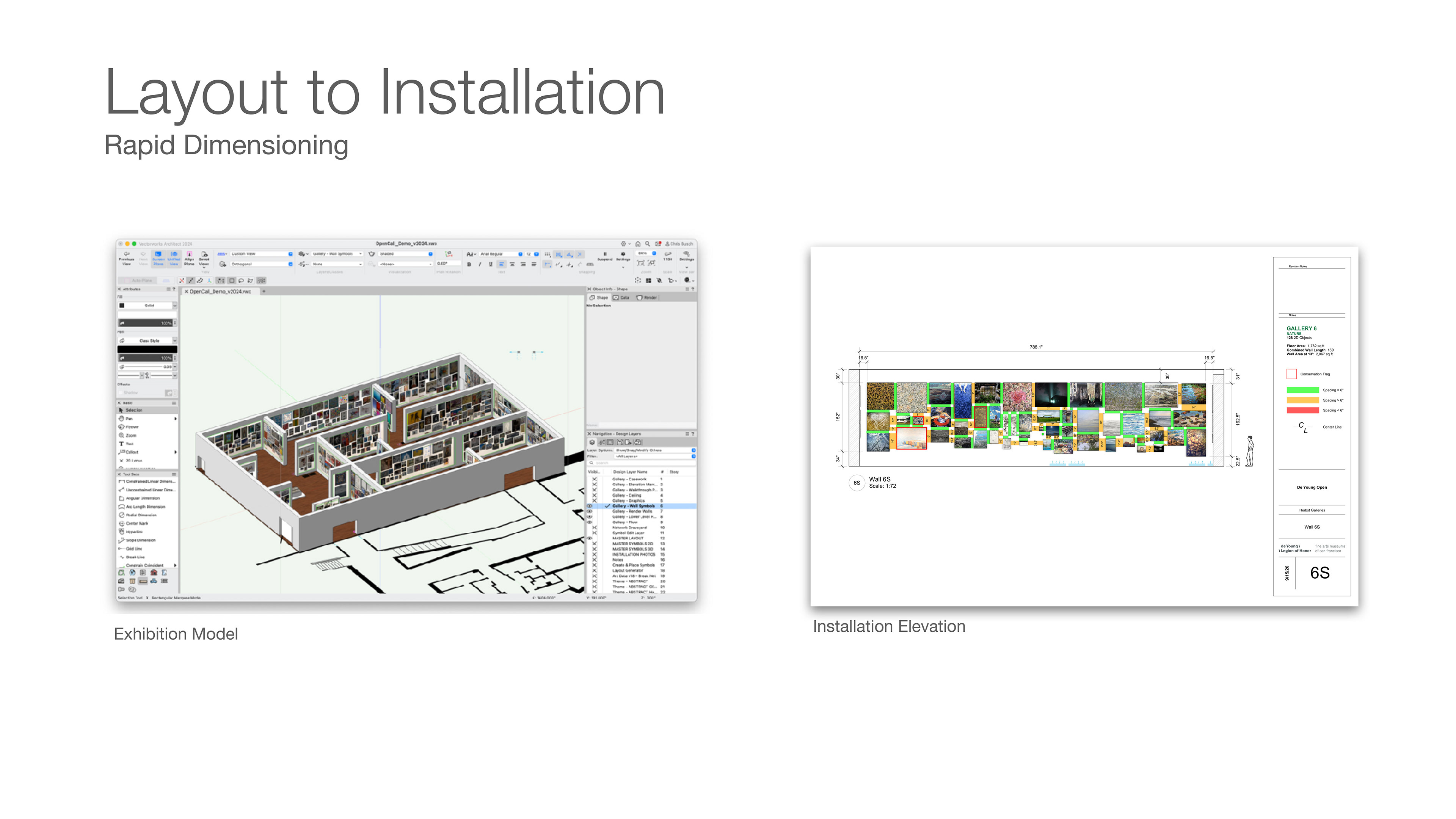 Installation elevations using color-coded spacing to reduce drawing complexity while speeding artwork placement.
