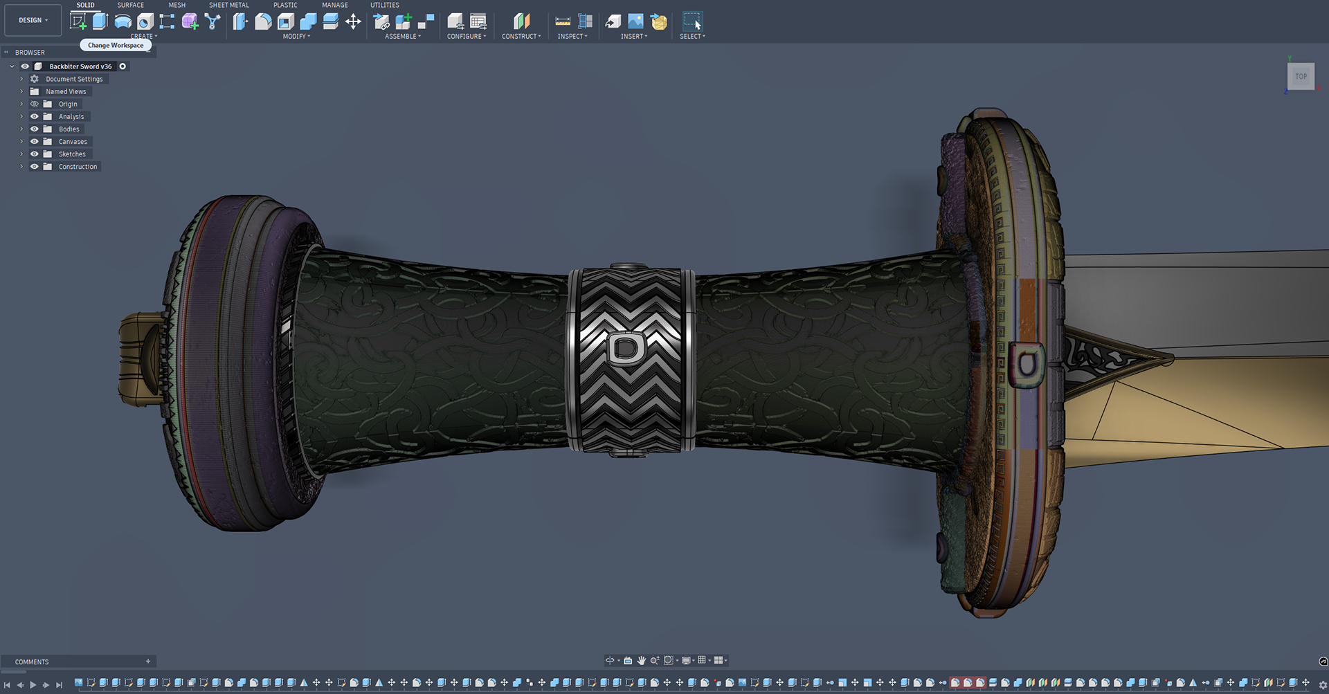 (2026) FINAL, "Backbiter" Sword Replica, F360 Workspace, Mesh Bodies/Faces
