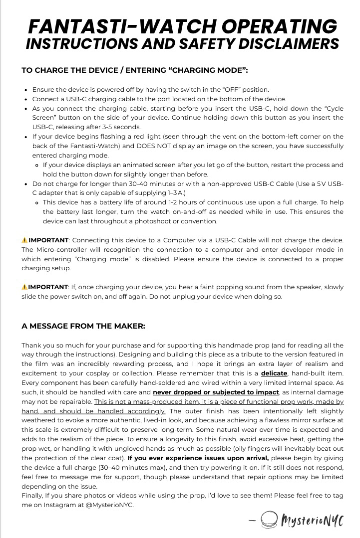 Fantasti-Watch, Operating Instructions