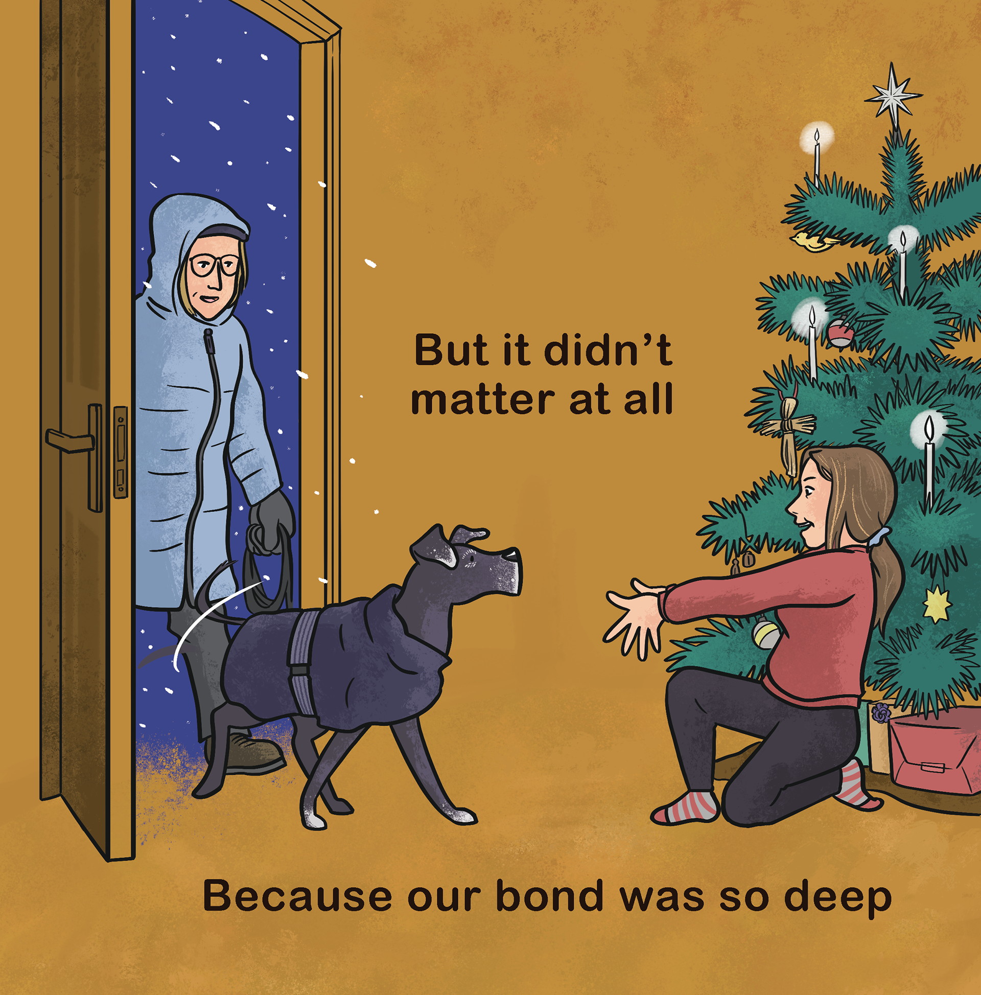 Donar, older now, comes home after a snowy walk outside to a lit Christmas tree and guests.