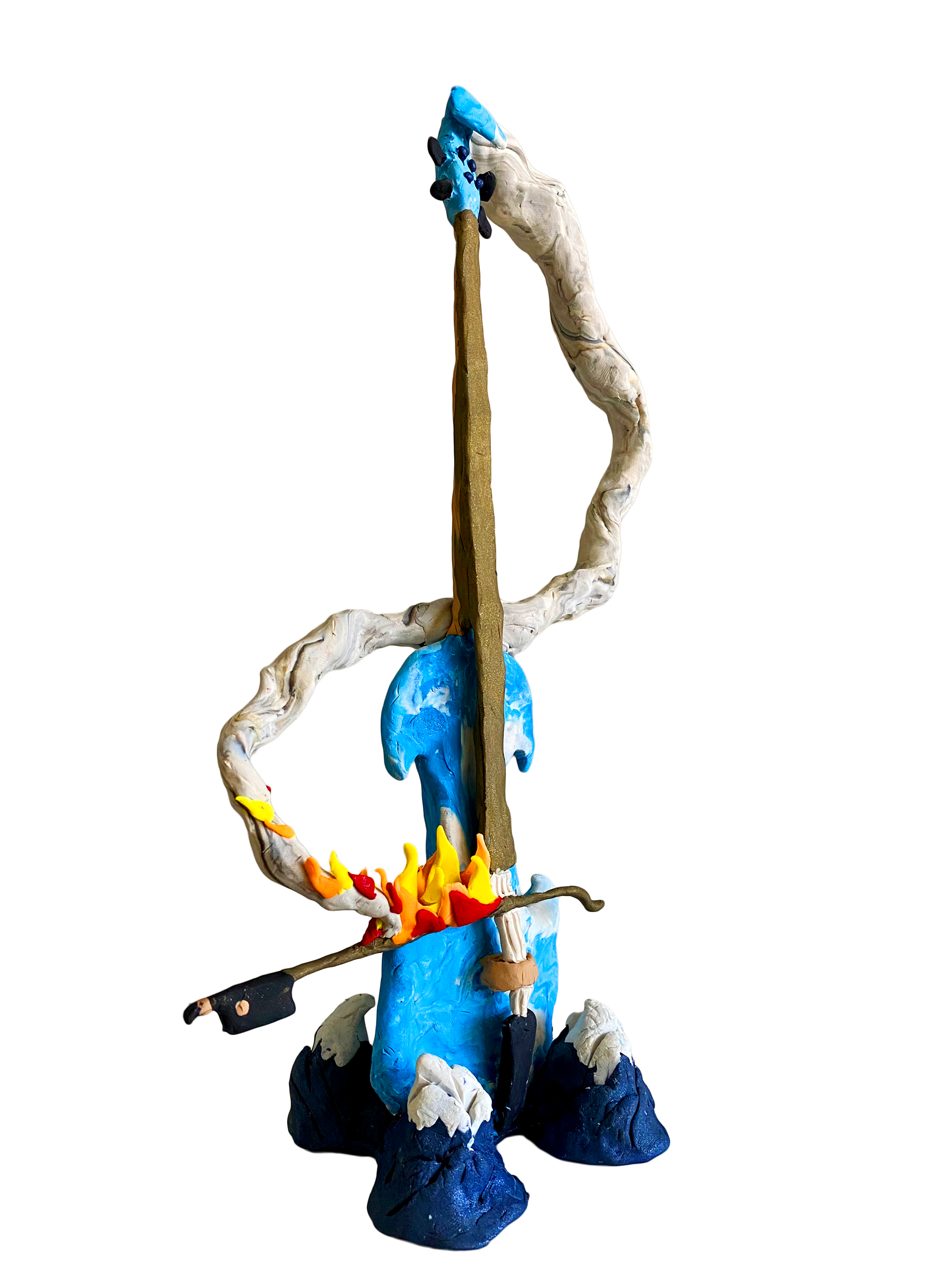 Surrealist clay sculpture of an electric cello, it's sky blue body with white clouds towers over 4 tiny mountains, fire coming out of the the bow as it plays, and a plume of smoke snakes around the form. 