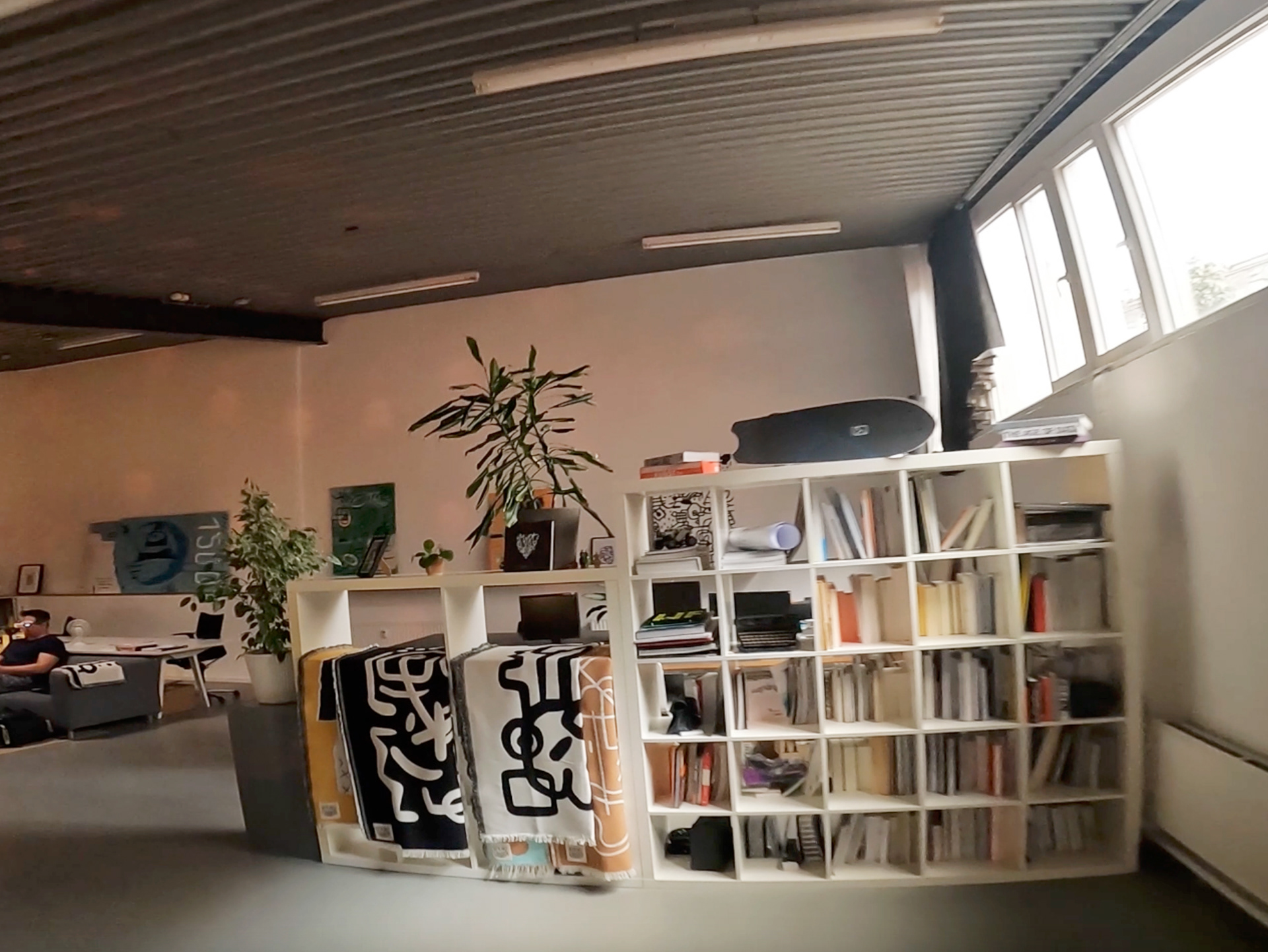 Fischauge-Aufnahme des Innenraums zu sehen Kallax 16er Regal in weiß gefüllt mit Büchern