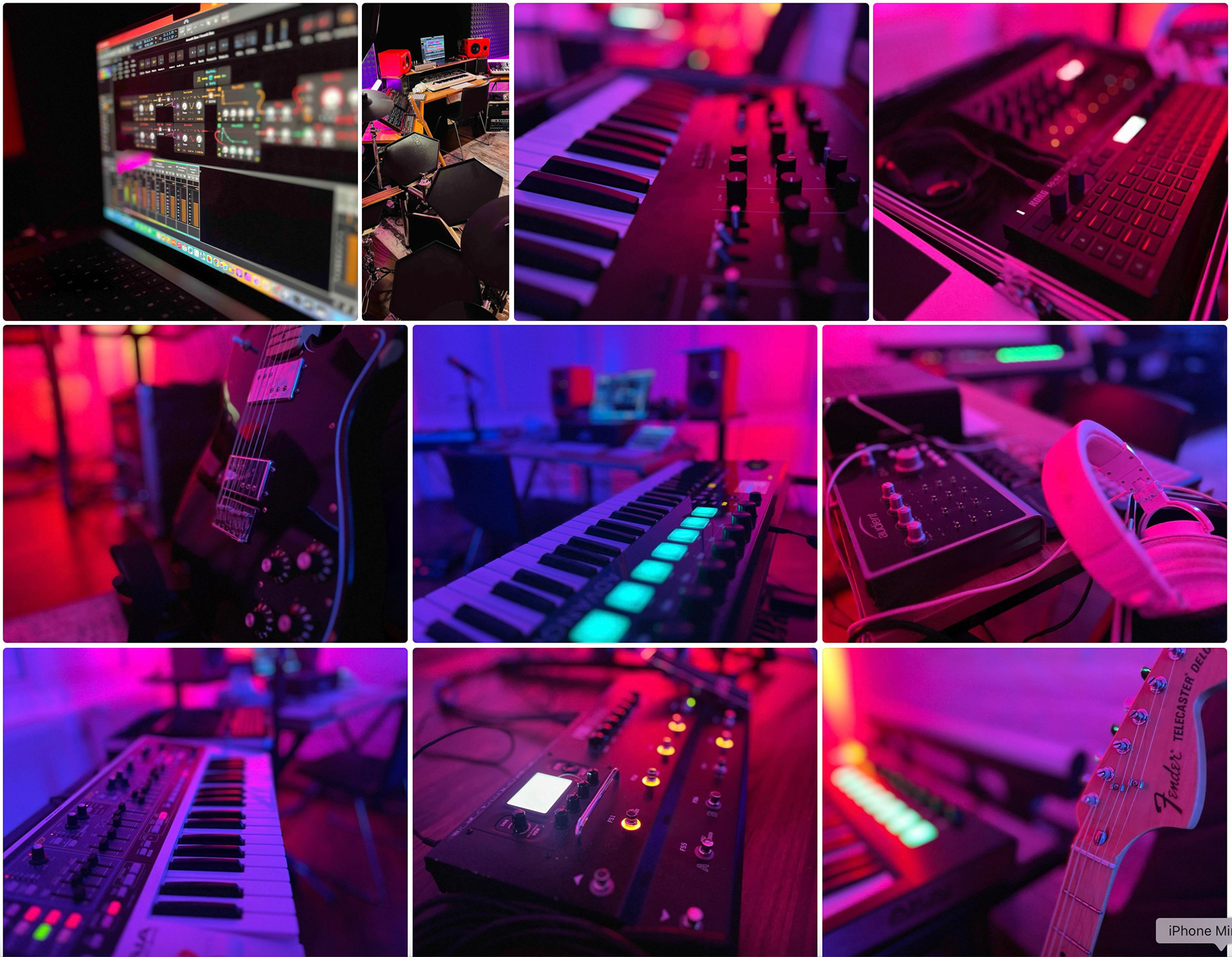Fotoraster mit mehreren Bildern in Pink Blau eingefärbt teilweise Detailaufnahmen von Studio-Musikgeräten vorwiegend Keyboardtastatur