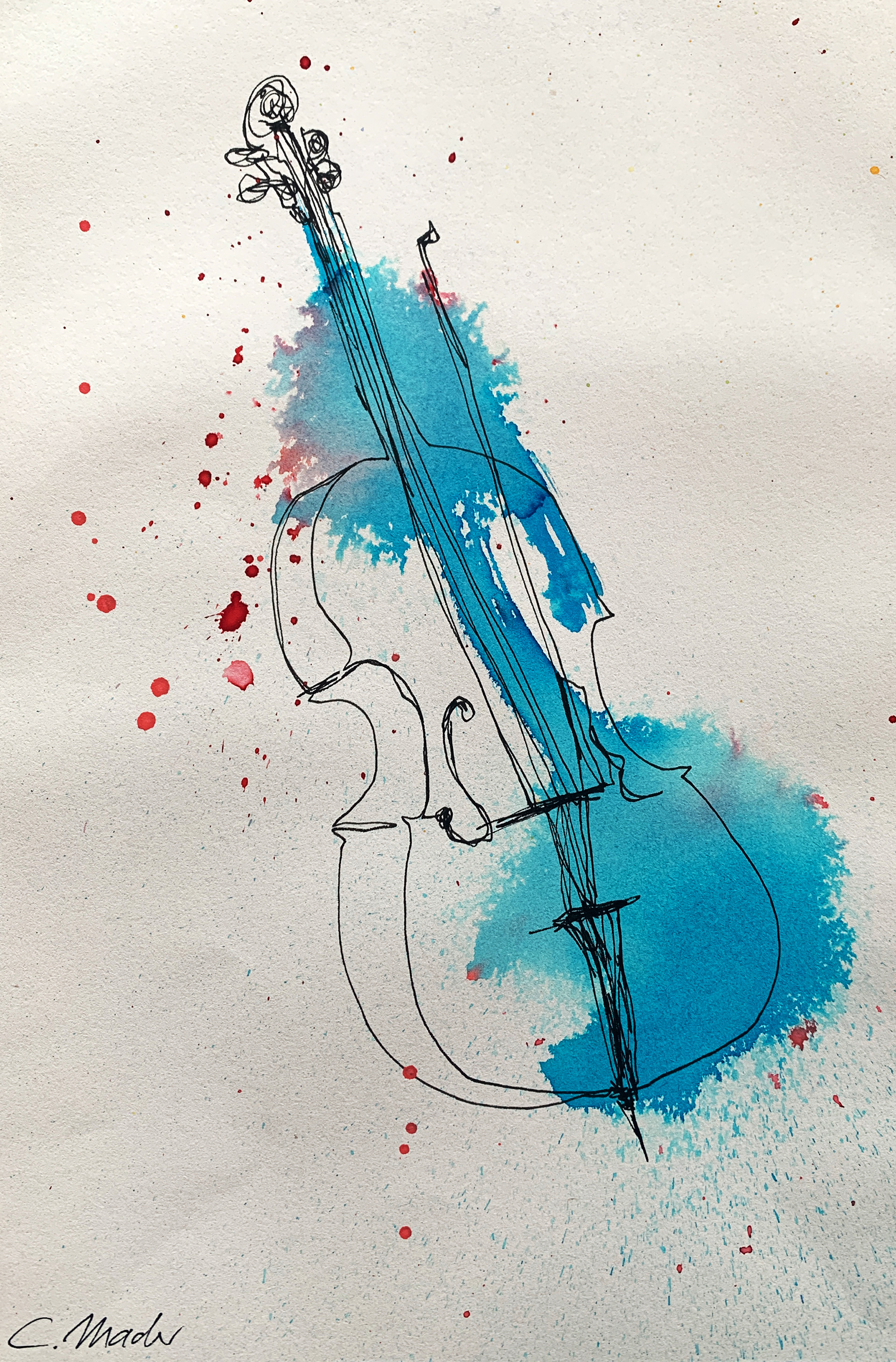 Illustration von Cello mit schwarzen Linienführung und blauer Farbkleckse