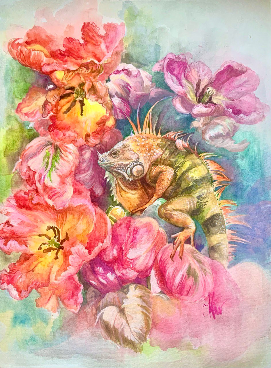 Farbenfrohes Blumenbild mit integrierten Reptil in Farbstift und Wasserlavur-Technik.