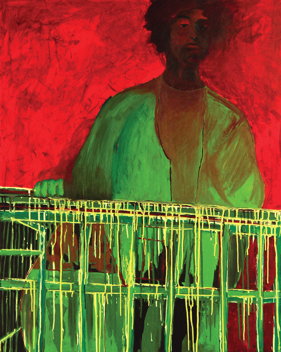 Malerei in rot, grün und gelb tönen einer Figur stehend am Gerüst. Roter Hintergrund