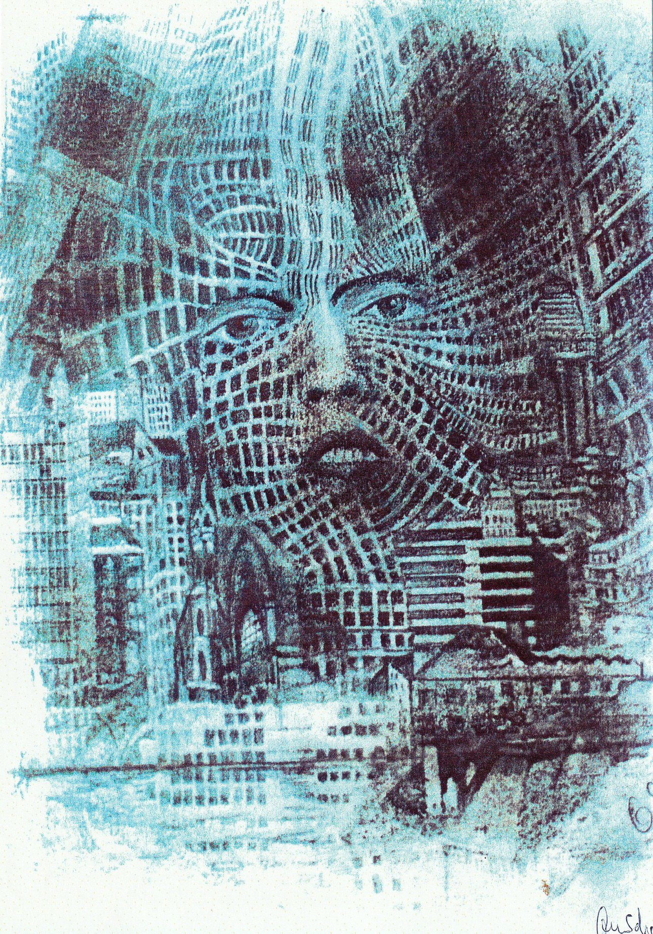 Farbstiftzeichnung in blau schwarz von einer Stadtszenerie. In Bildmitte ein Portrait perspektivisch verzerrt involviert.